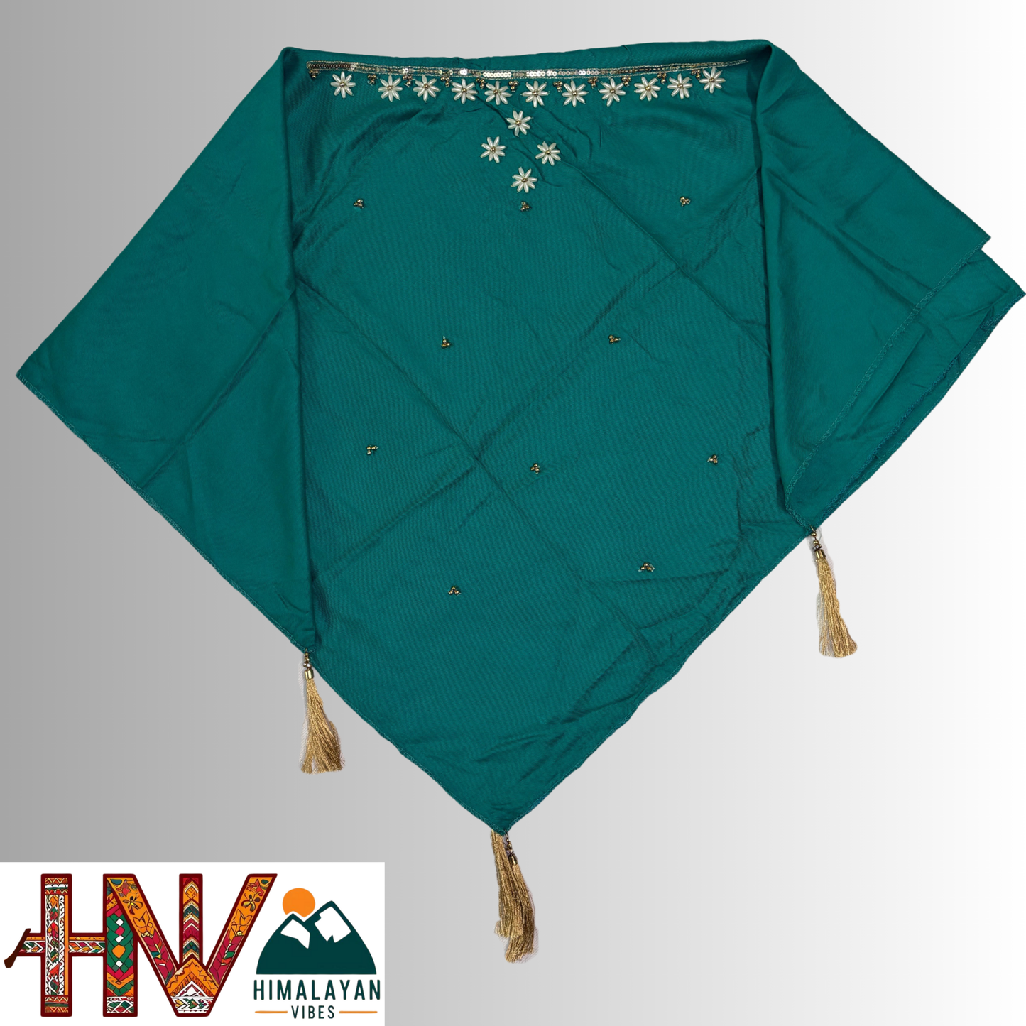 Handcrafted Himachali Teal Dhatu with Gold Embroidery – A Unique Embroidered Head Scarf
