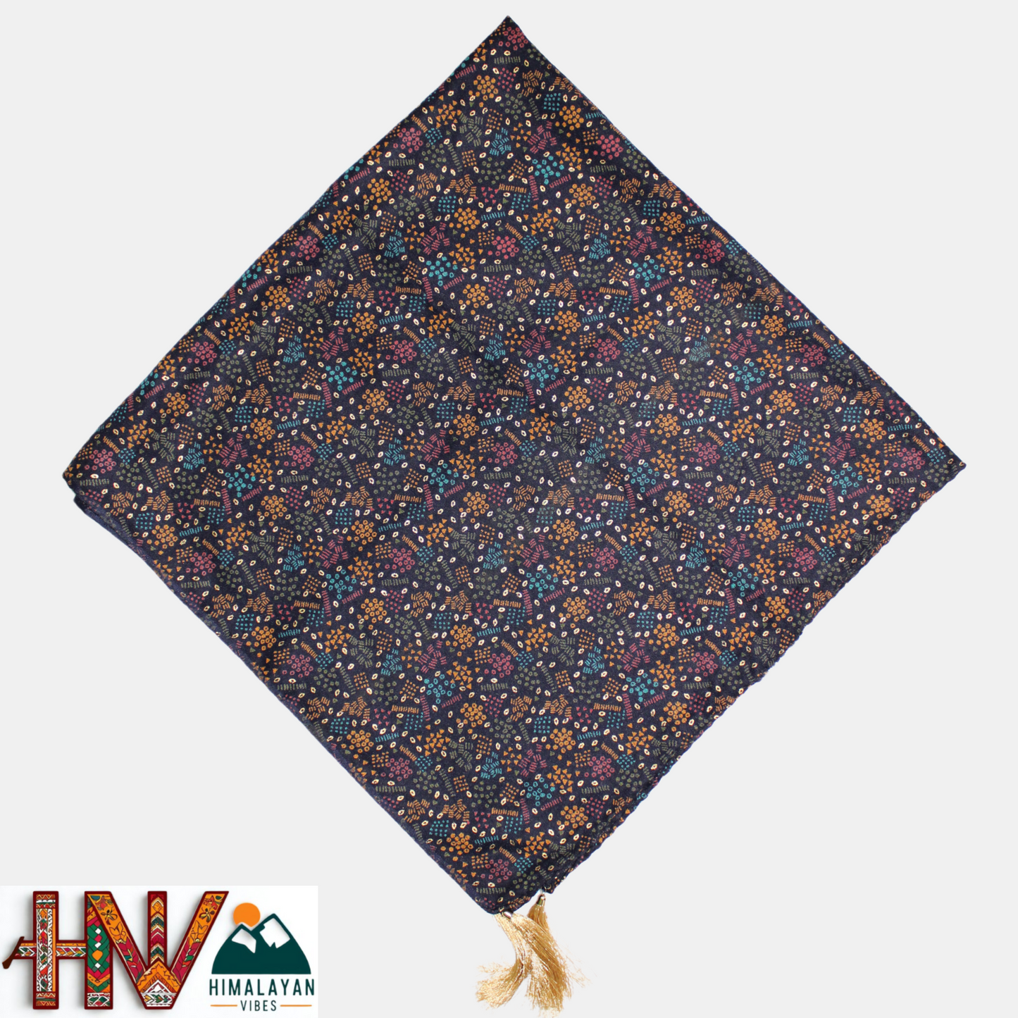 Alpine Indigo Color Printed Gold Himachali Dhatu - Handcrafted Traditional Head Scarf from Himalayas