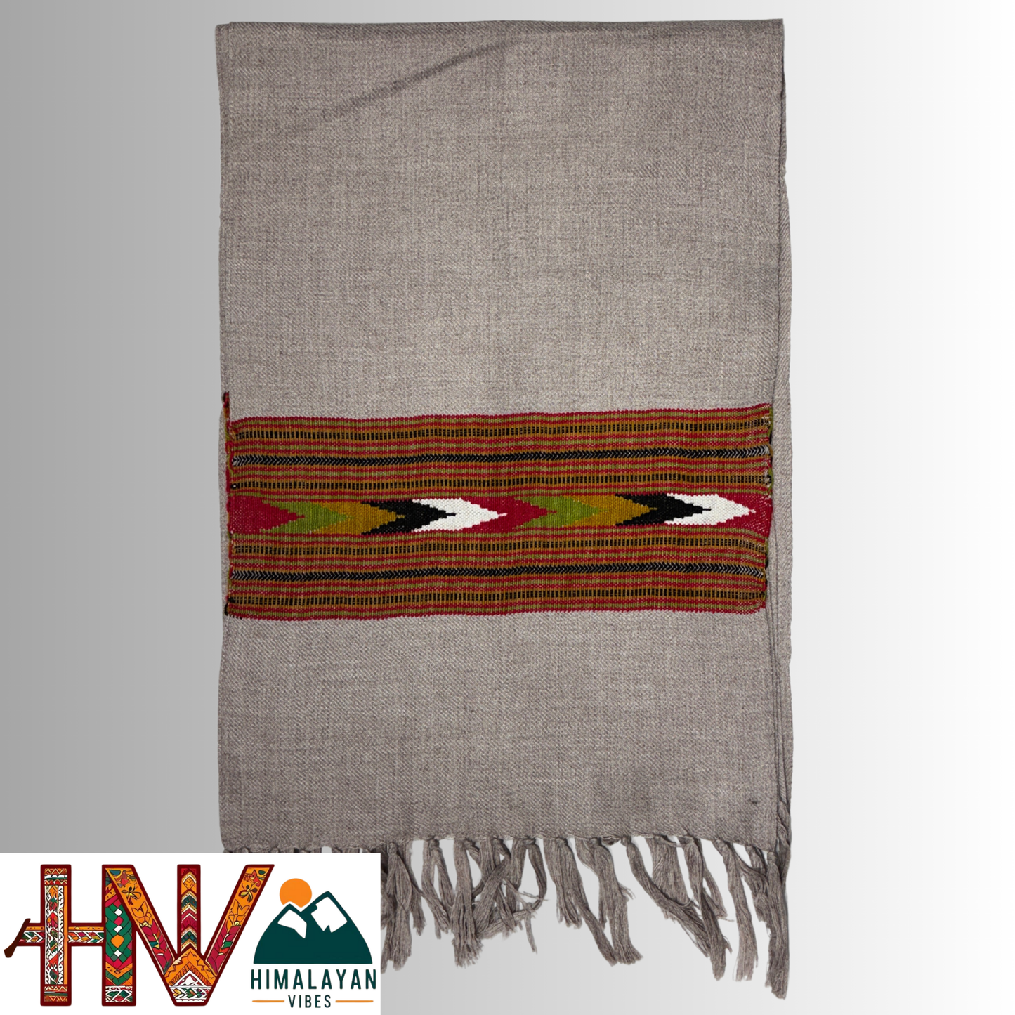 Traditional Kullu Patti Design Wool Muffler | Smoky Lavender Handloom Scarf with Vibrant Geometric Strip By Himalayan Vibes