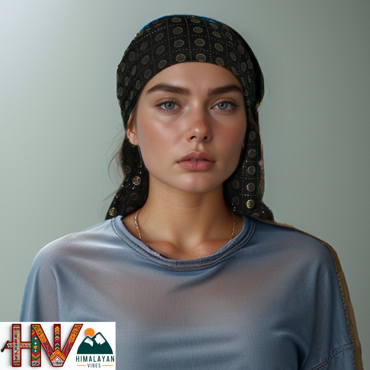 Rubber Print Black Dhatu Scarf - Artisan-Made Himachal Pradesh Head Wrap
