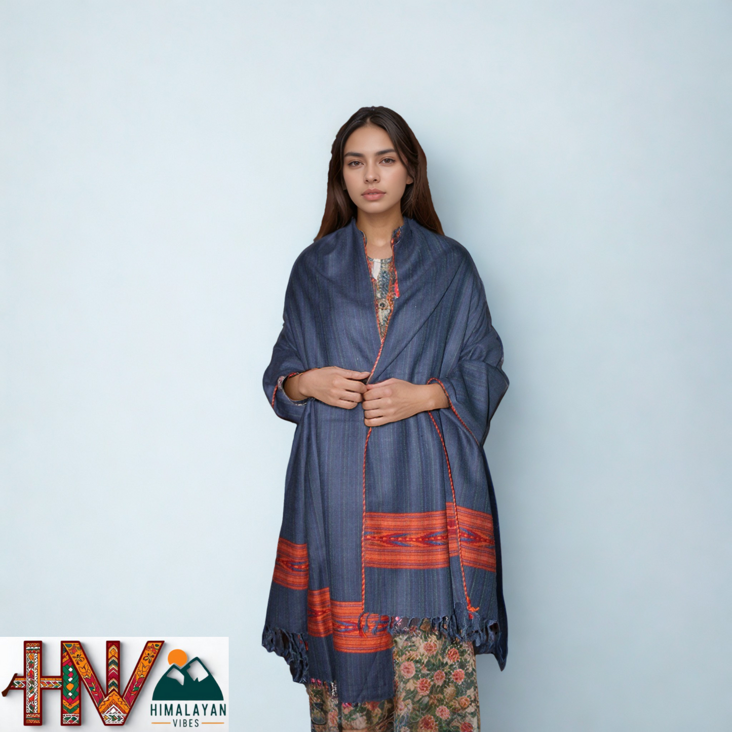 Handwoven Blue Grey Kullu Shawl – 100% Pure Sheep Wool with Traditional Himalayan Craftsmanship
