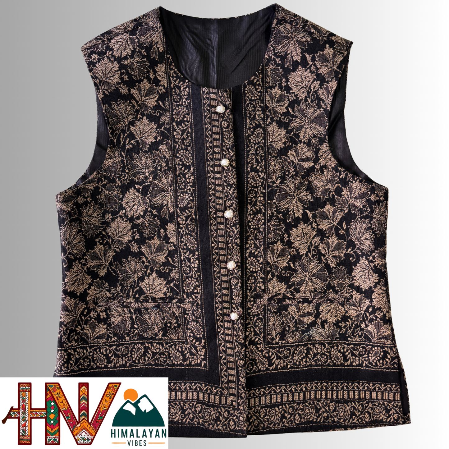 Women Pashmina Blend Black Color Himachali Sadri with Leaf pattern – Traditional Waistcoat by Himalayan Vibes