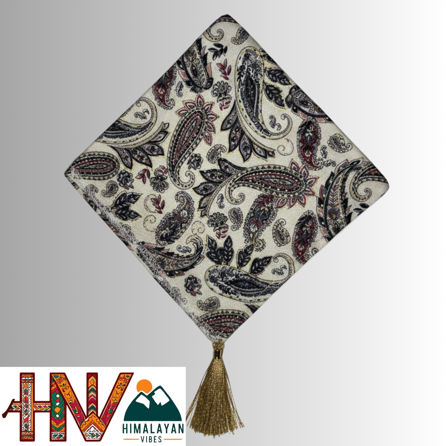 Himalayan Vibes Rayon Cream Color Himachali Dhatu with Blue Print - Handcrafted Traditional Head Scarf from Himalayas