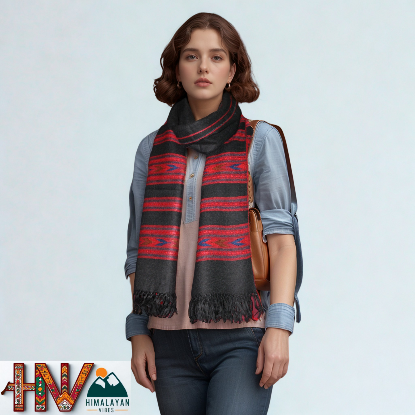 Handwoven Himalayan Black Wool Stole – Red & Blue Striped with Geometric Motif Border