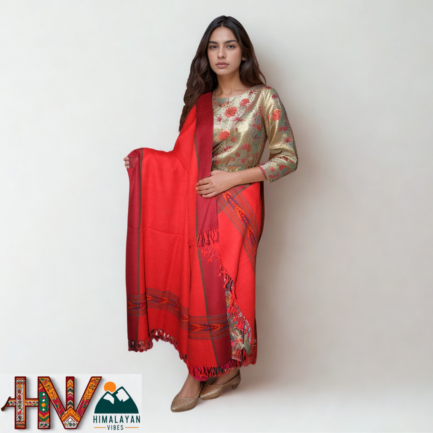 Handwoven Red Kullu Shawl with dark red border – 100% Pure Sheep Wool with Traditional Himalayan Craftsmanship