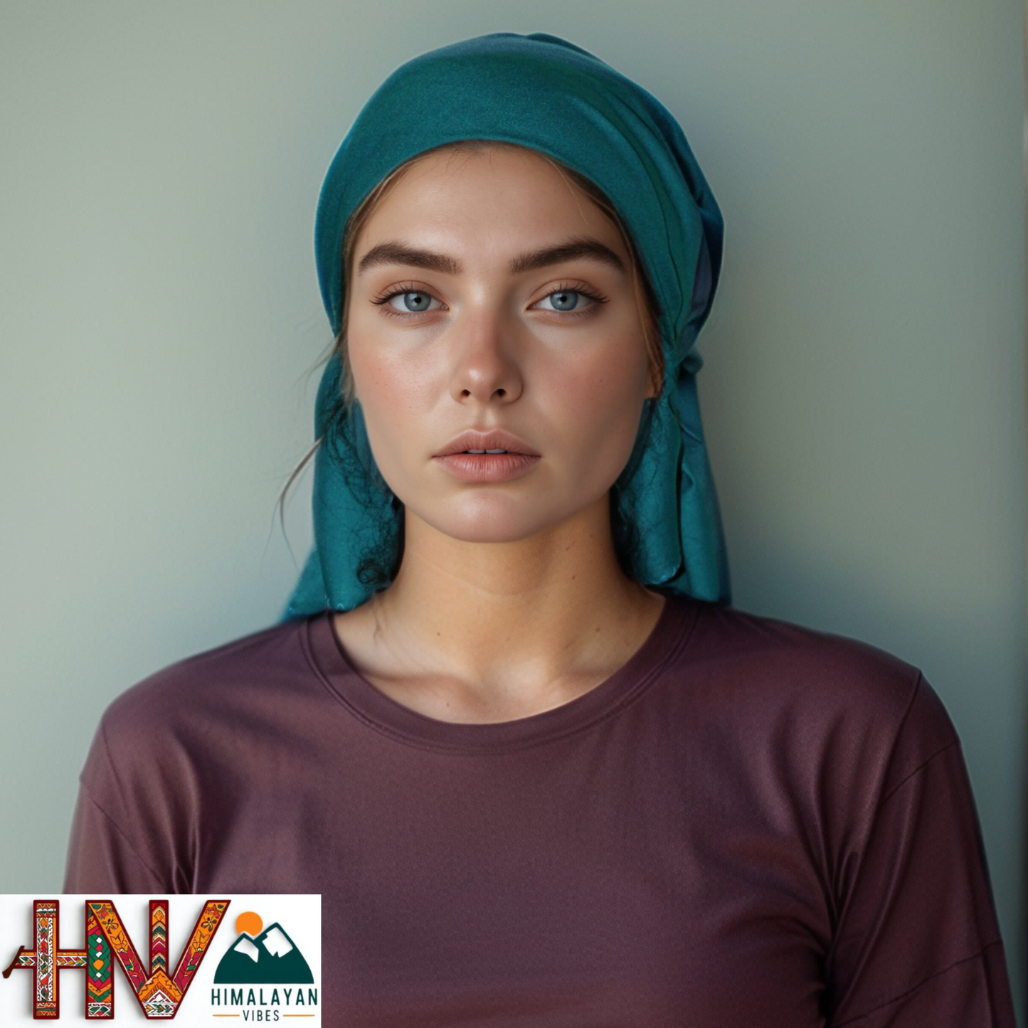 Rayon Plain Turquoise Color Himachali Dhatu - Handcrafted Traditional Head Scarf from Himalayas