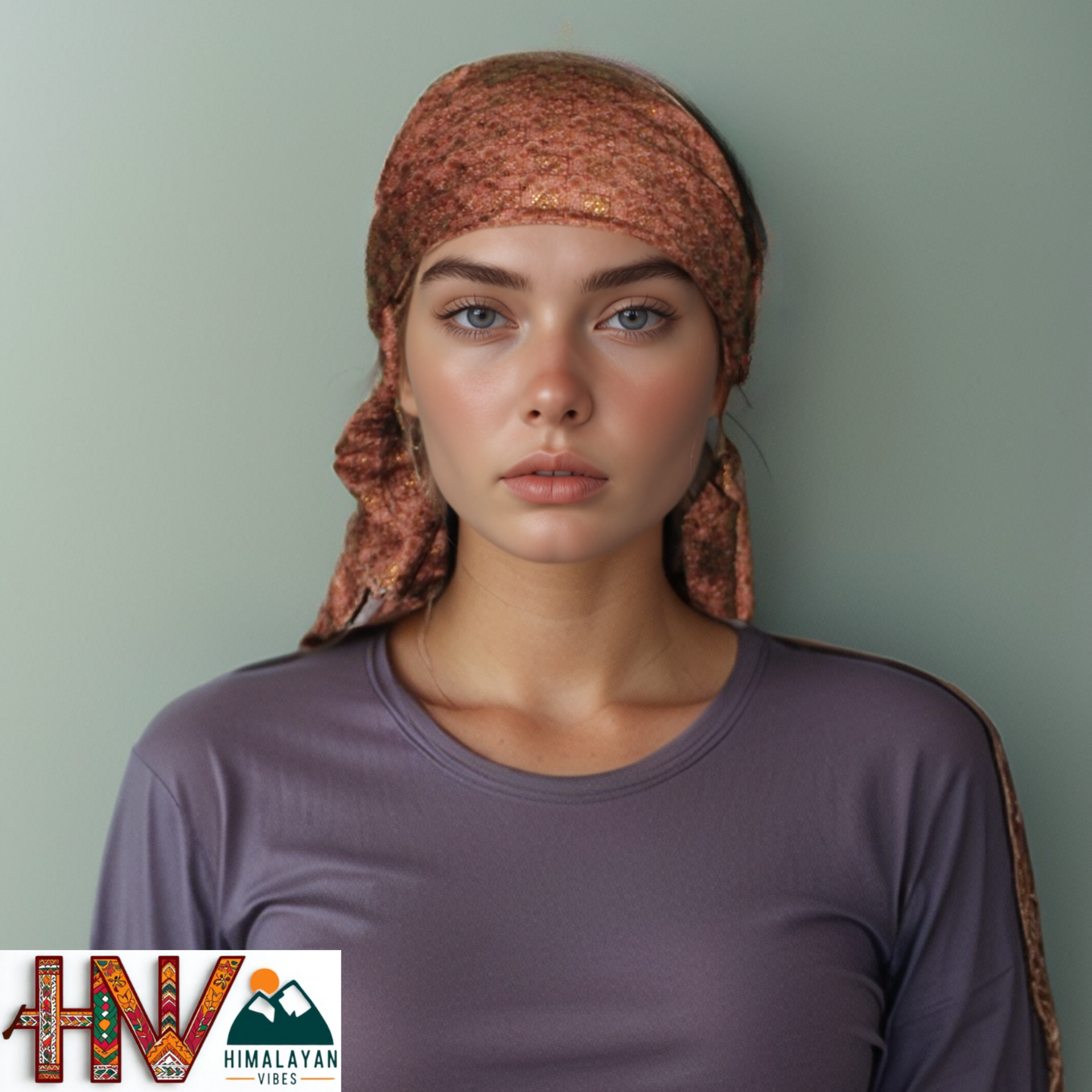 Alpine Brown Color Printed Gold Himachali Dhatu - Handcrafted Traditional Head Scarf from Himalayas