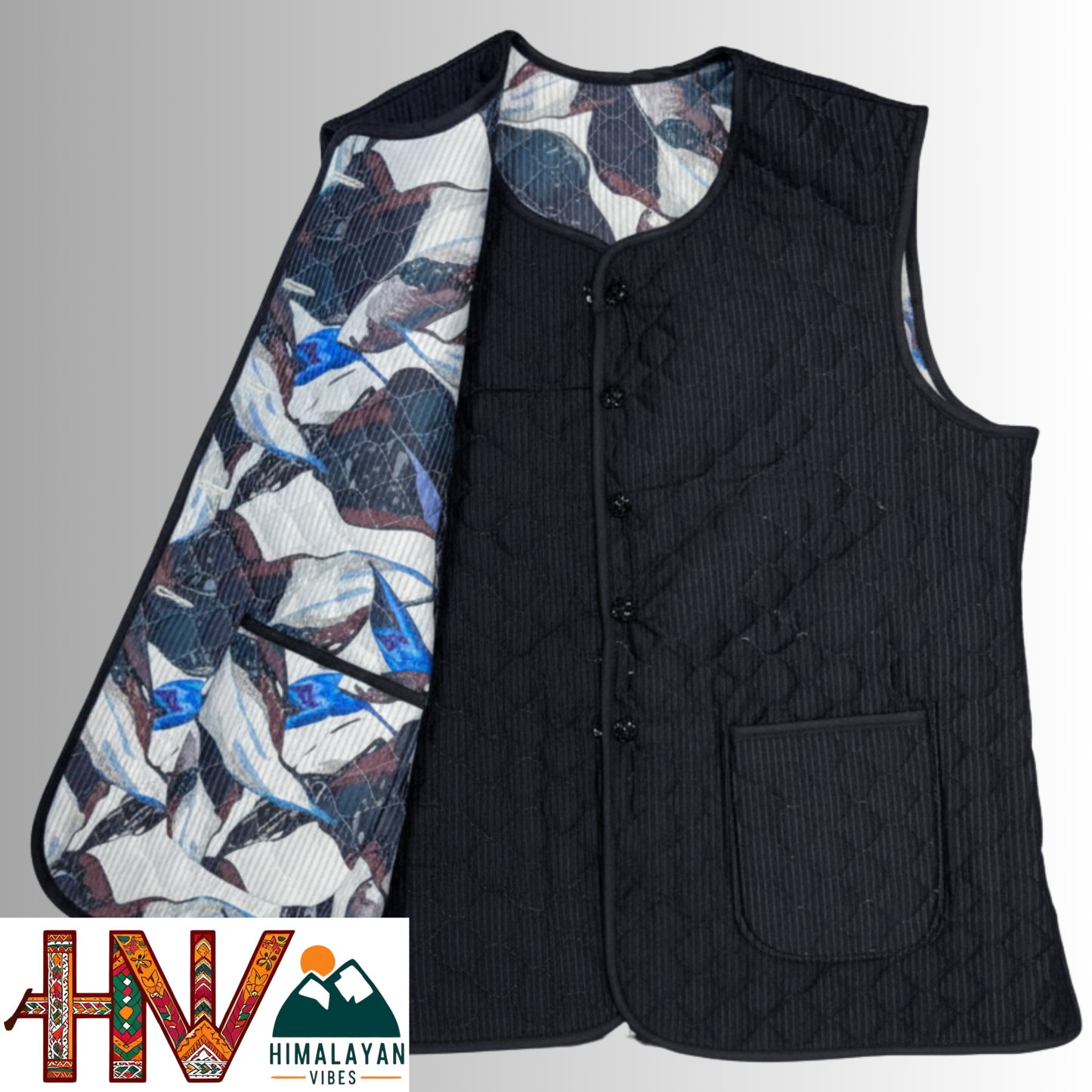 Reversible Black & Blue Abstract Print Sadri for Women – Dual Look Ethnic Waistcoat | Floral & Solid Textured Design by Himalayan Vibes