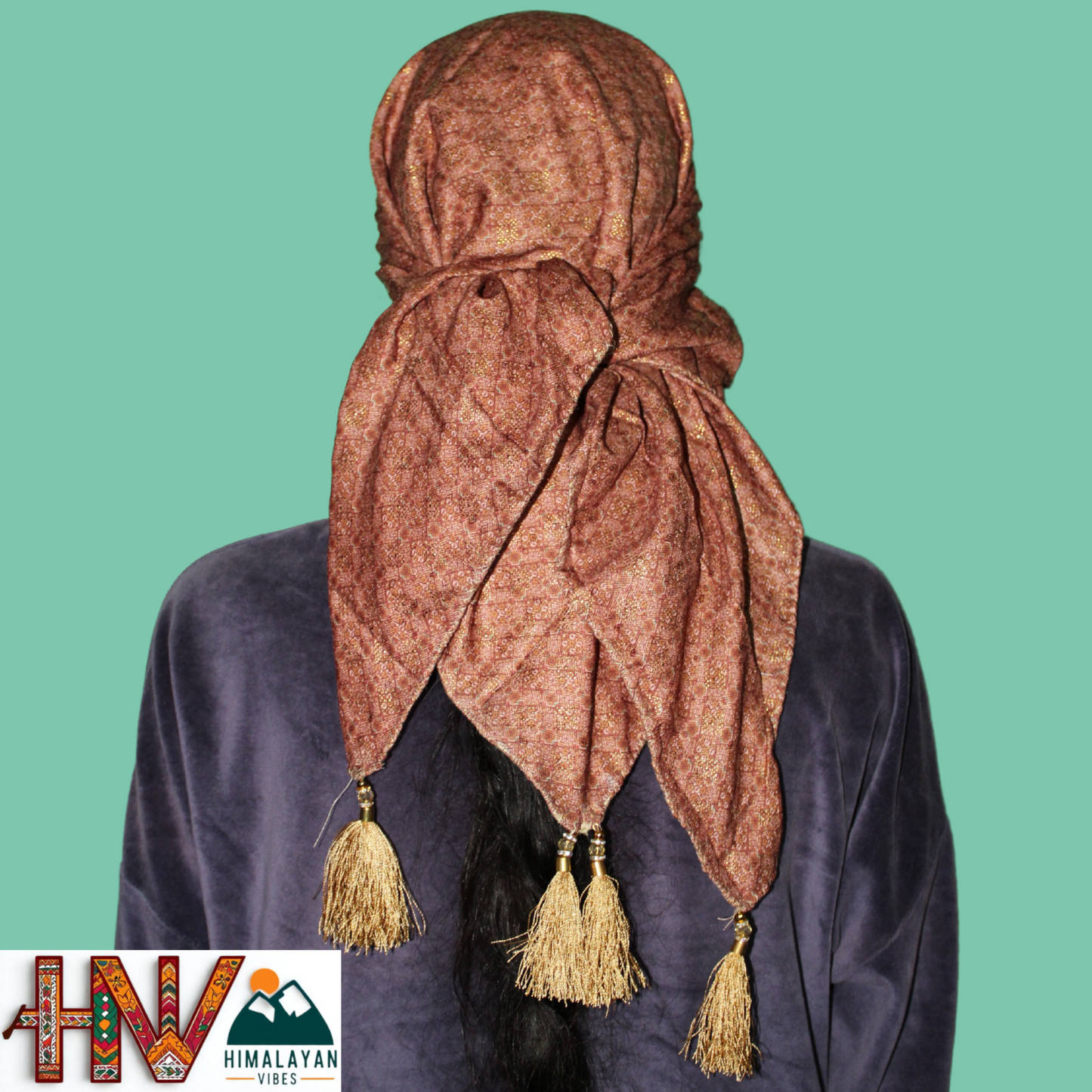 Alpine Brown Color Printed Gold Himachali Dhatu - Handcrafted Traditional Head Scarf from Himalayas