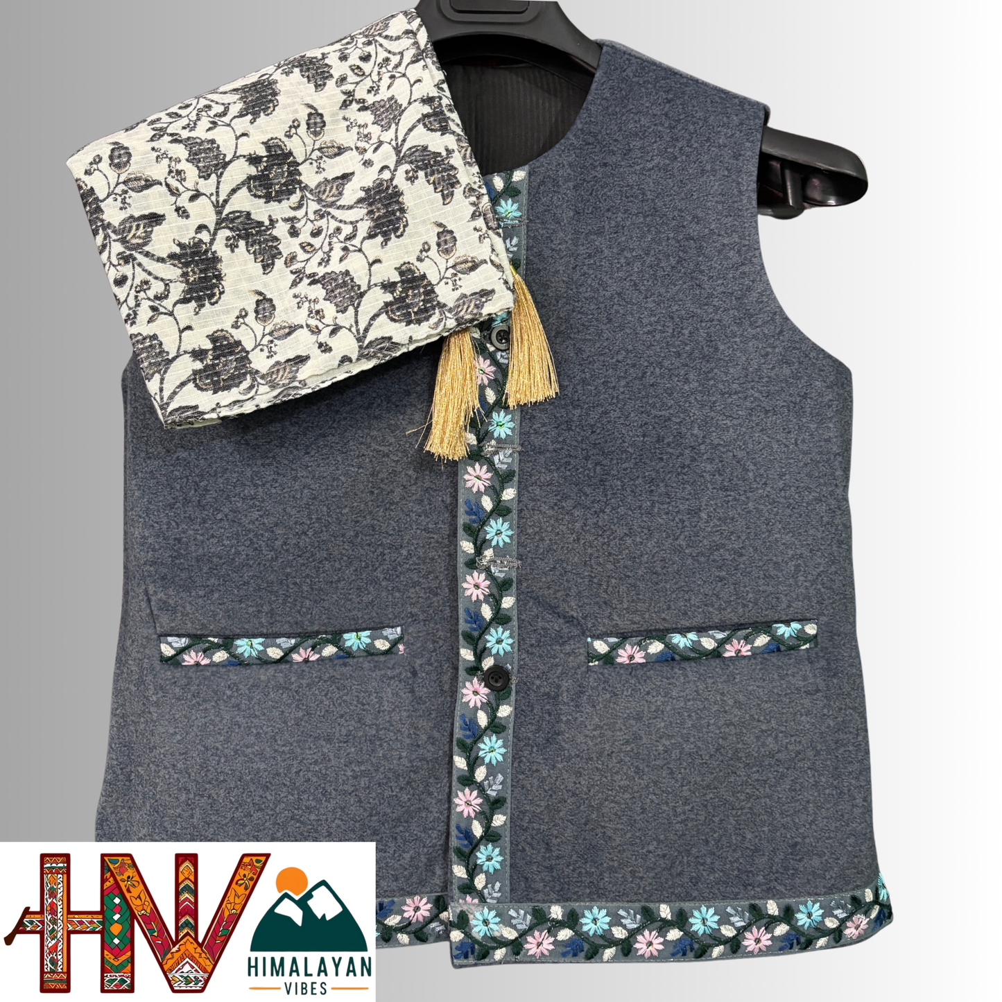 Himalayan Vibes Blue Sadri & White Color Dhatu with Grey print Combo