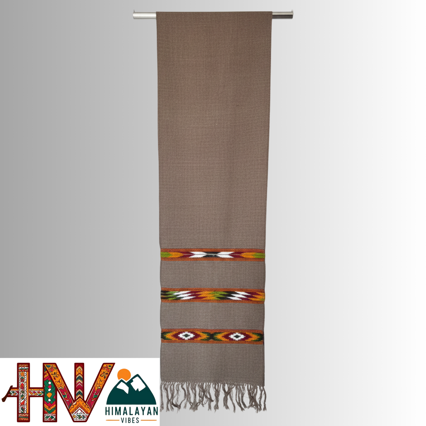 Handwoven Grey Woolen Muffler | Triple Kullu Patti Traditional Geometric Design By Himalayan Vibes