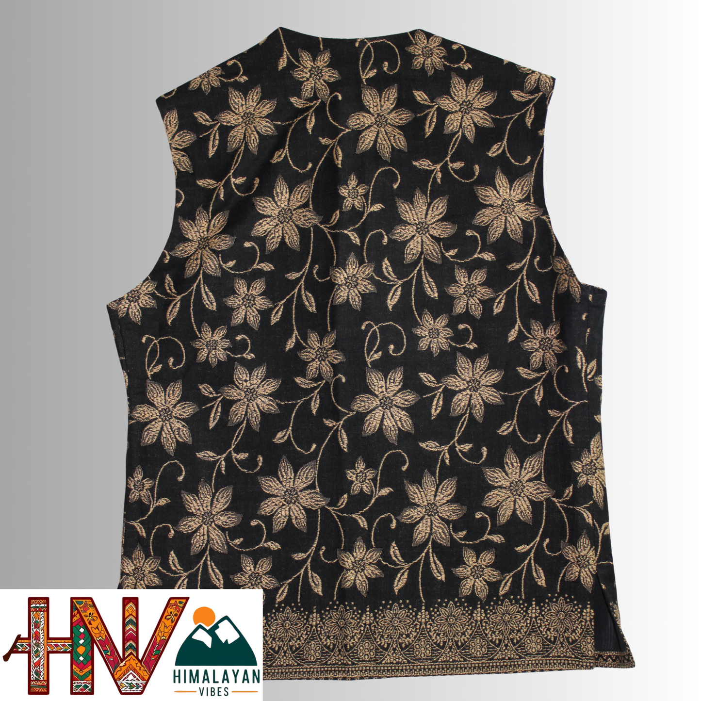 Women Pashmina Blend Black Color Himachali Sadri with Flower pattern – Traditional Waistcoat by Himalayan Vibes