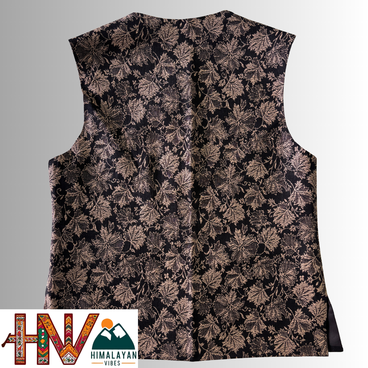Women Pashmina Blend Black Color Himachali Sadri with Leaf pattern – Traditional Waistcoat by Himalayan Vibes