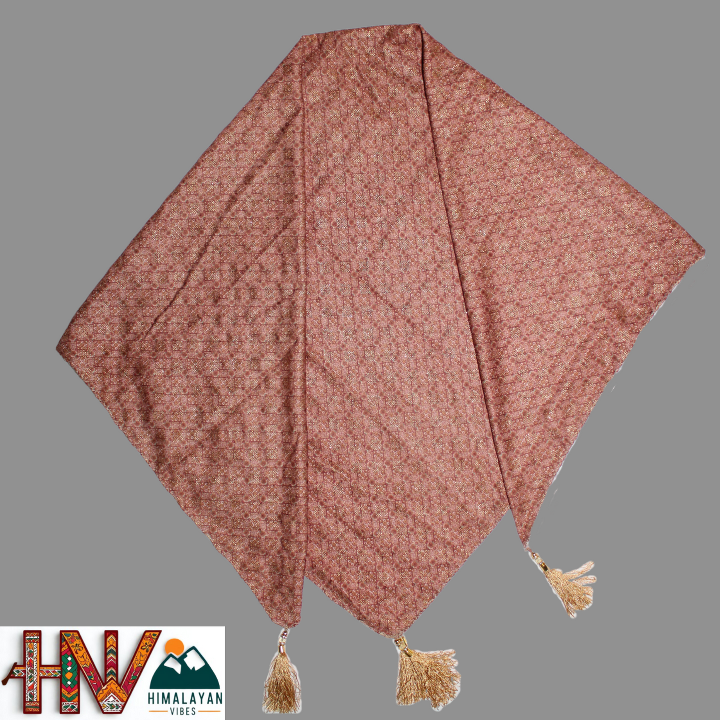 Alpine Brown Color Printed Gold Himachali Dhatu - Handcrafted Traditional Head Scarf from Himalayas