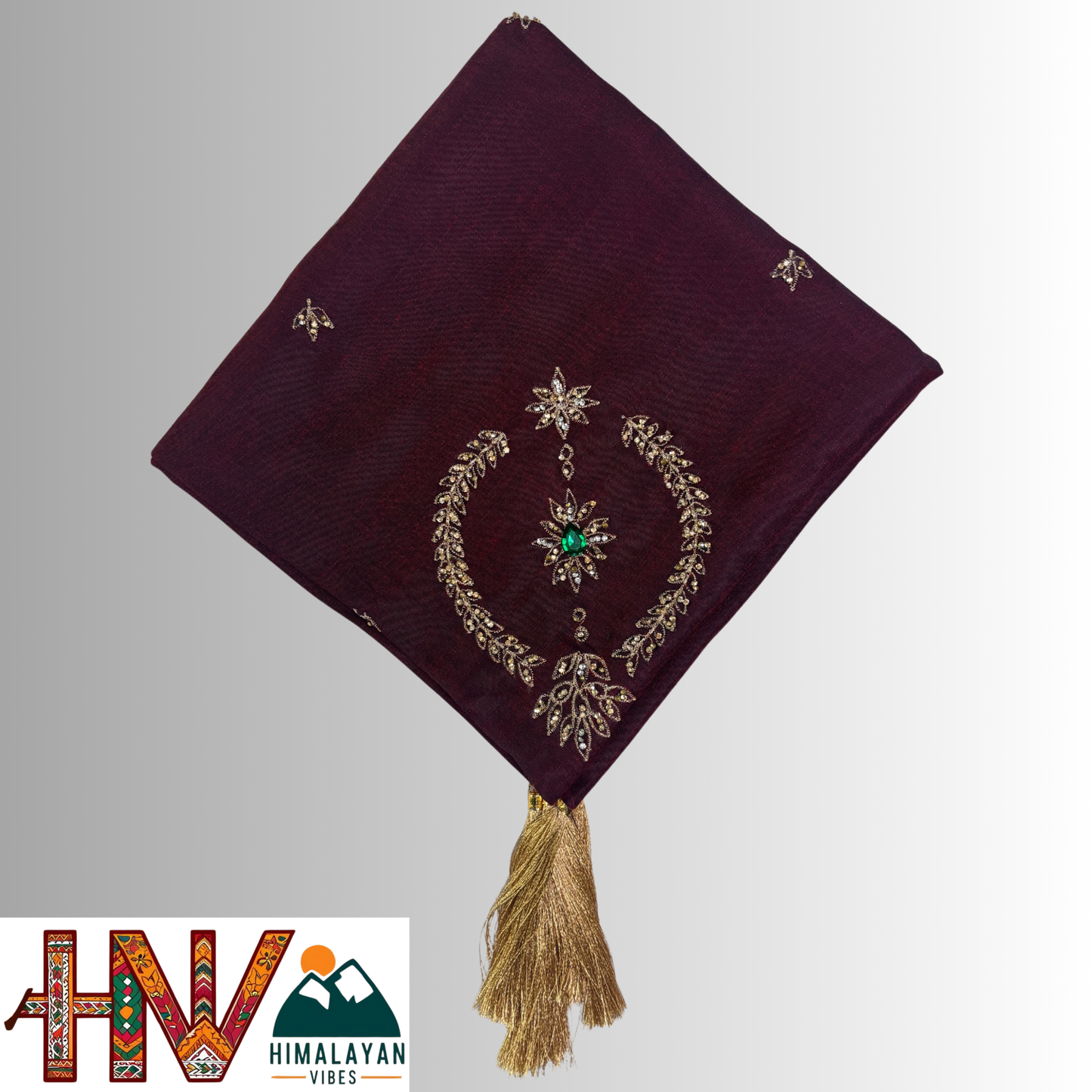 Handcrafted Himachali Wine Red Dhatu with Gold Embroidery – A Unique Embroidered Head Scarf