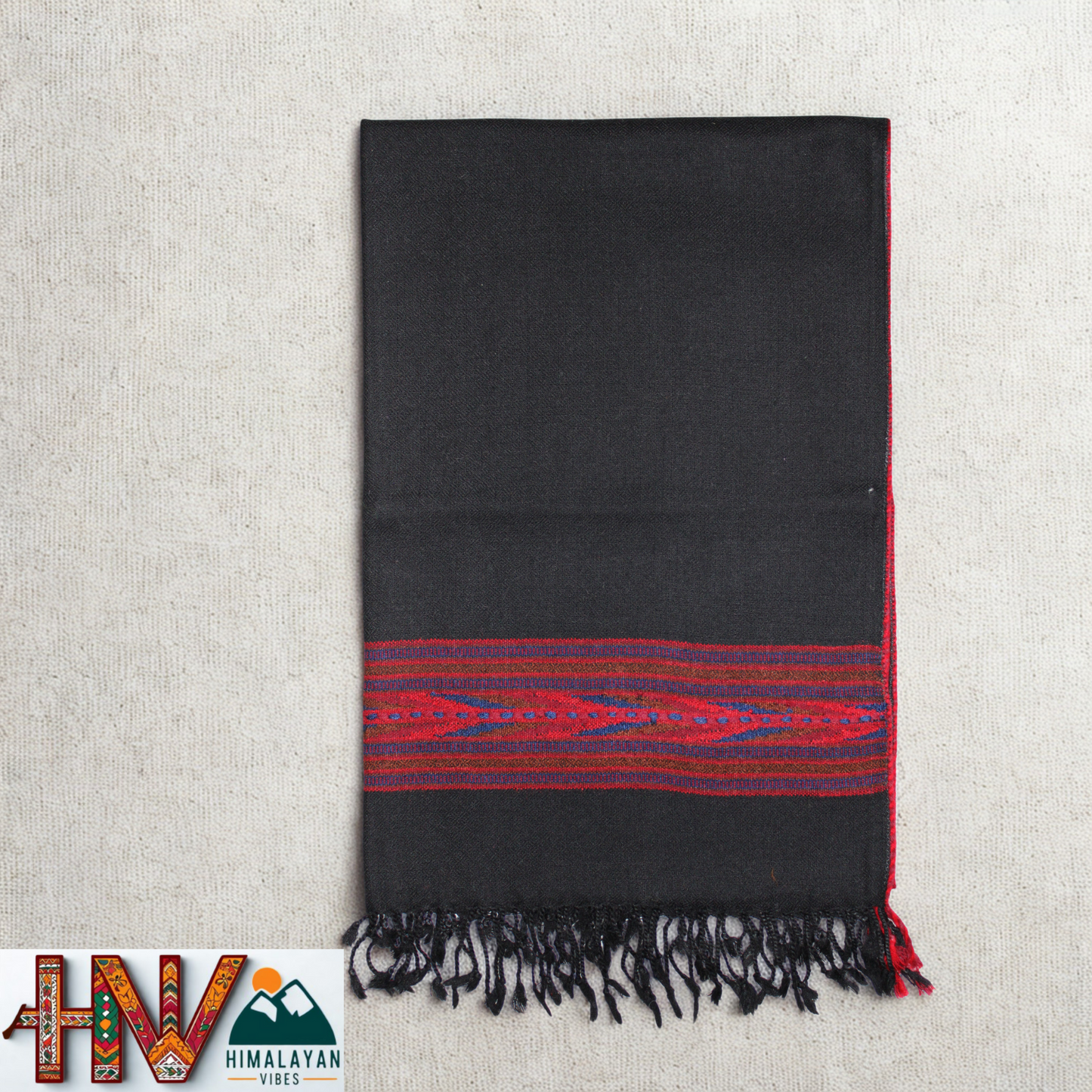 Handwoven Himalayan Black Wool Stole – Red & Blue Striped with Geometric Motif Border