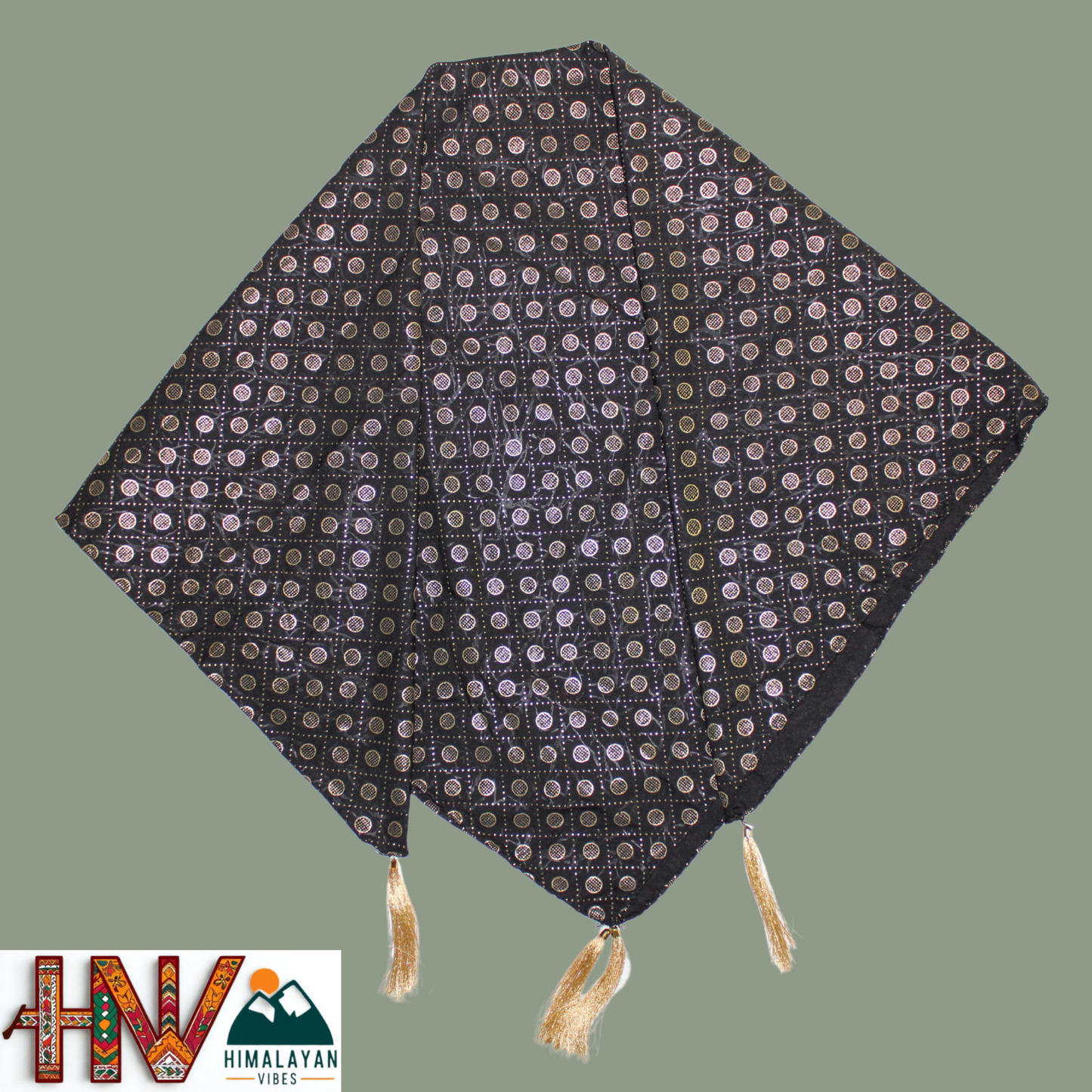 Rubber Print Black Dhatu Scarf - Artisan-Made Himachal Pradesh Head Wrap