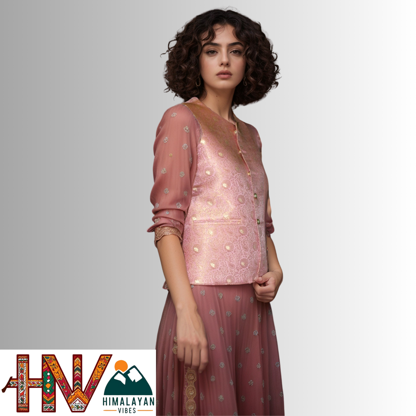 Women's Lavender Color Printed Sadri with Golden floral pattern - Elegant Brocade Festive Wear with Inner Pockets