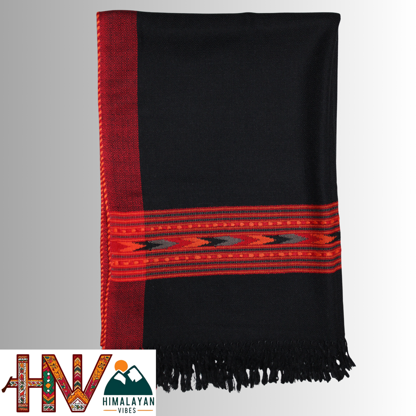 Handwoven Black Kullu Woolen Stole with Traditional Kullu Patti Design in Vibrant Red Border– Handwoven Elegance By Himalayan Vibes