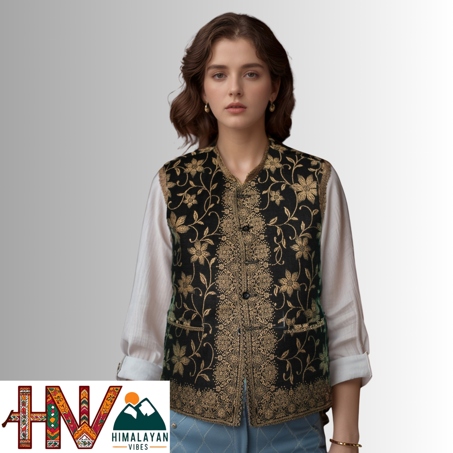 Women Pashmina Blend Black Color Himachali Sadri with Flower pattern – Traditional Waistcoat by Himalayan Vibes
