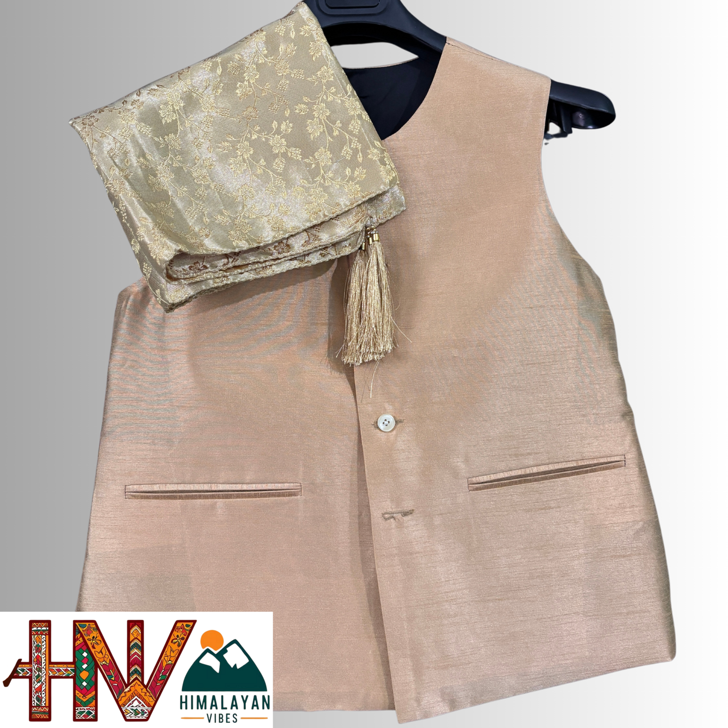 Himalayan Vibes Plain Golden Sadri & Golden Brocade Dhatu Combo