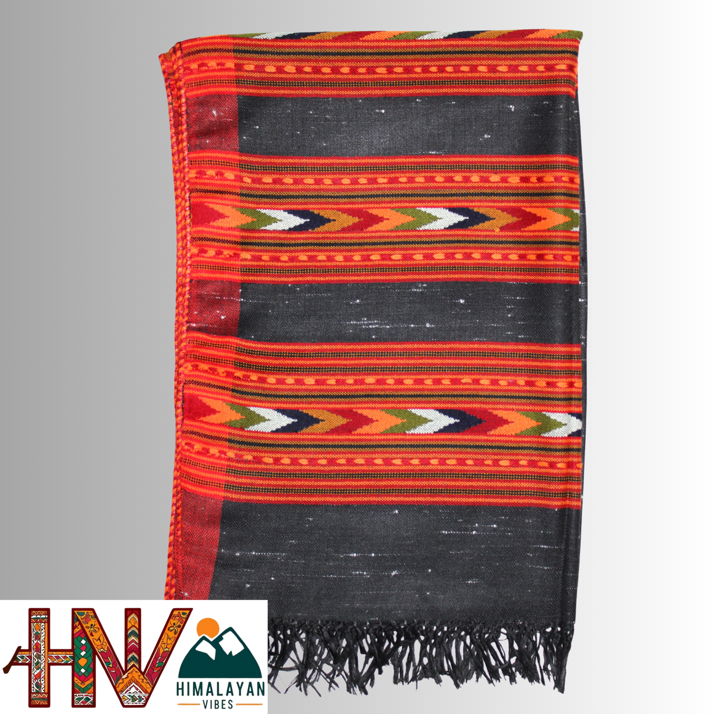 Handwoven black Kullu Woolen Stole with Traditional Kullu 3 Patti Design in Vibrant Red Border– Handwoven Elegance By Himalayan Vibes