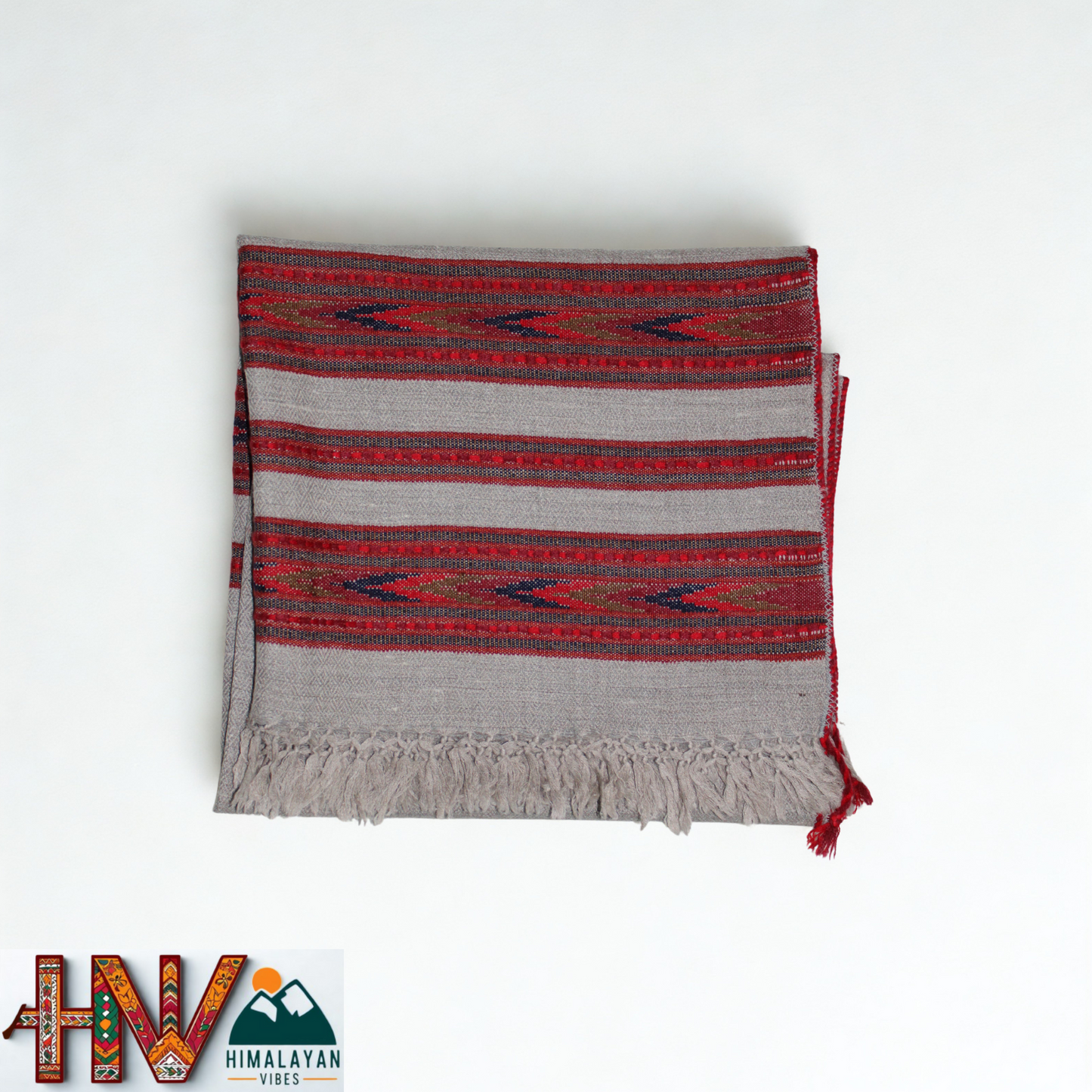 Handwoven Himalayan Grey Wool Stole – Red & Grey Striped with Geometric Motif Border