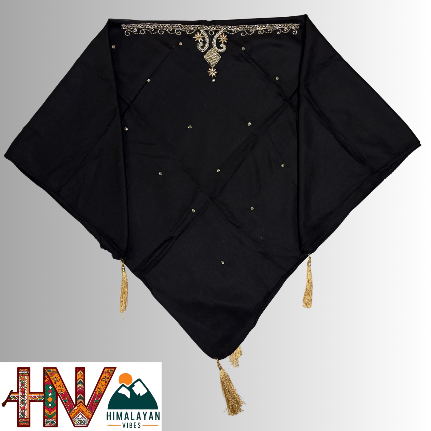 Handcrafted Himachali Black Rayon Dhatu with Golden Embroidery – A Unique Embroidered Head Scarf