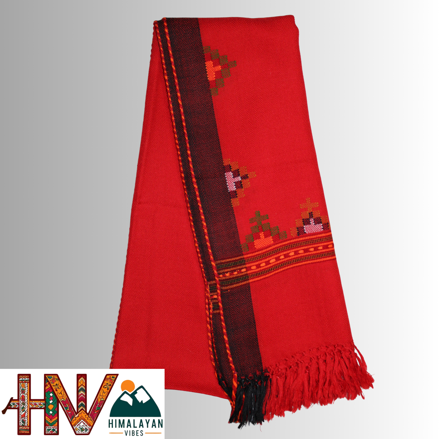 Handwoven Red Kullu Woolen Stole with Traditional Kullu Patti Geometric Motifs with black Border– Handwoven Elegance By Himalayan Vibes