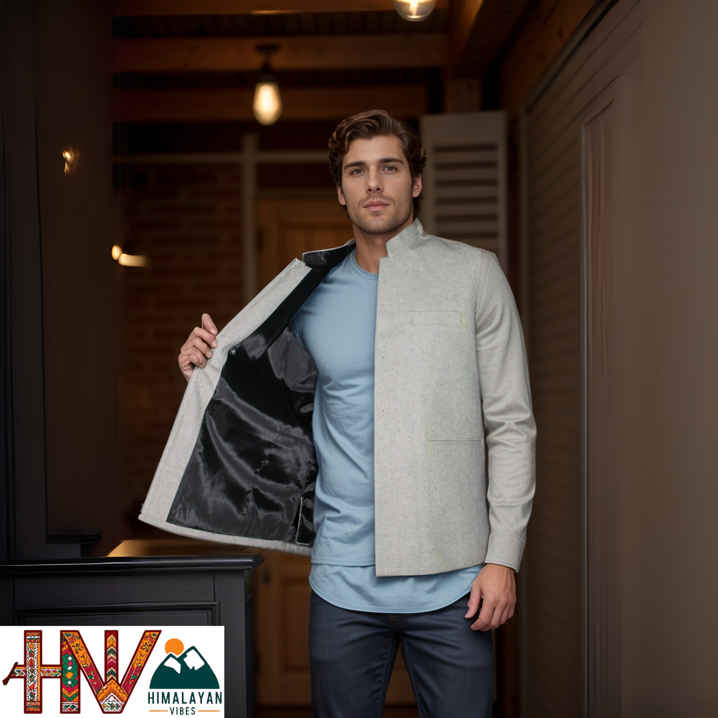Handcrafted Grey Woolen Jacket for Men | Traditional Himachali Craft | Stylish Winter & Formal Wear