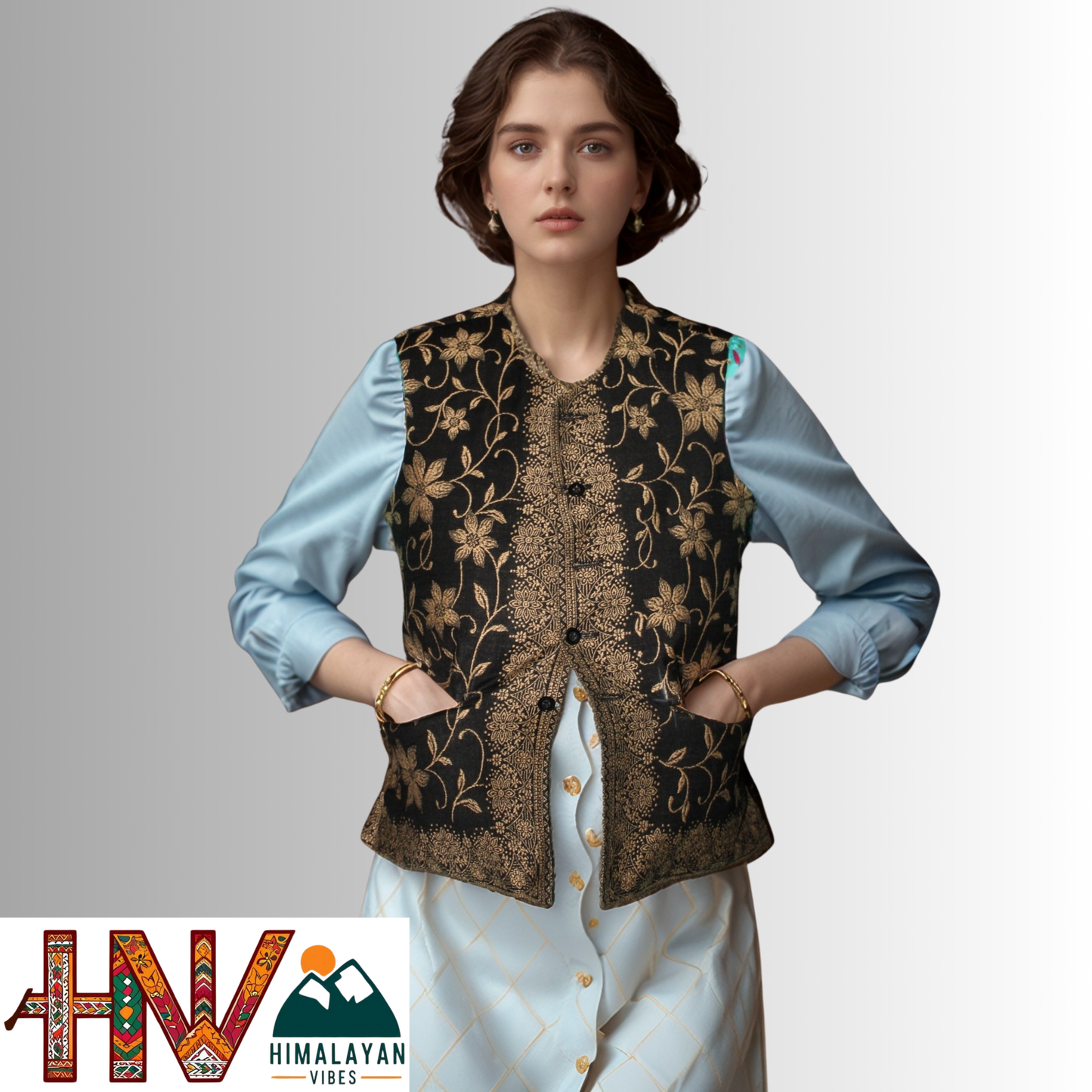 Women Pashmina Blend Black Color Himachali Sadri with Flower pattern – Traditional Waistcoat by Himalayan Vibes