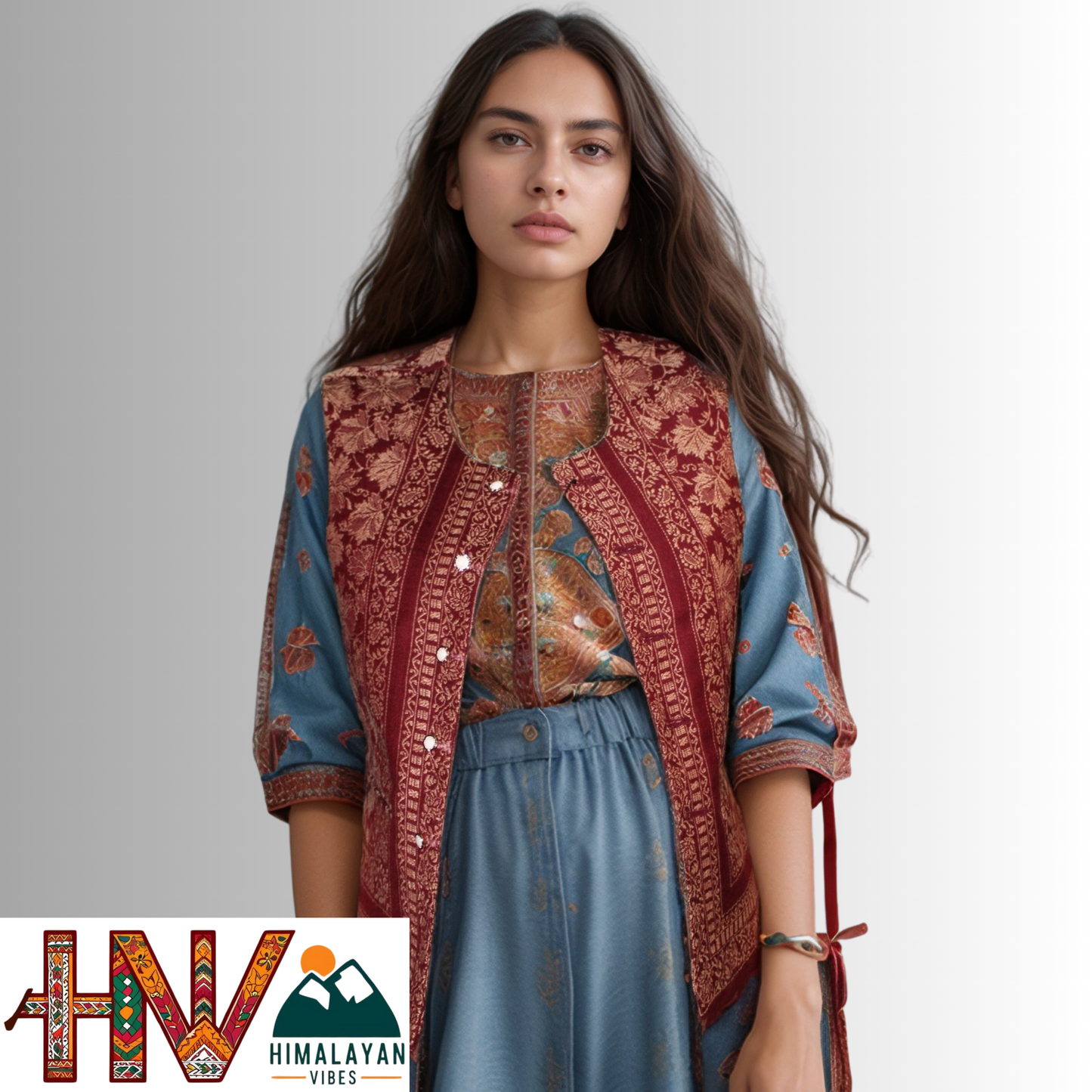 Women Pashmina Blend Red Color Himachali Sadri with Leaf pattern – Traditional Waistcoat by Himalayan Vibes