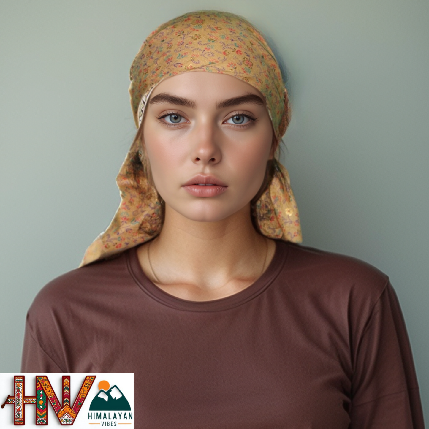 Alpine Tan Color Printed Gold Himachali Dhatu - Handcrafted Traditional Head Scarf from Himalayas
