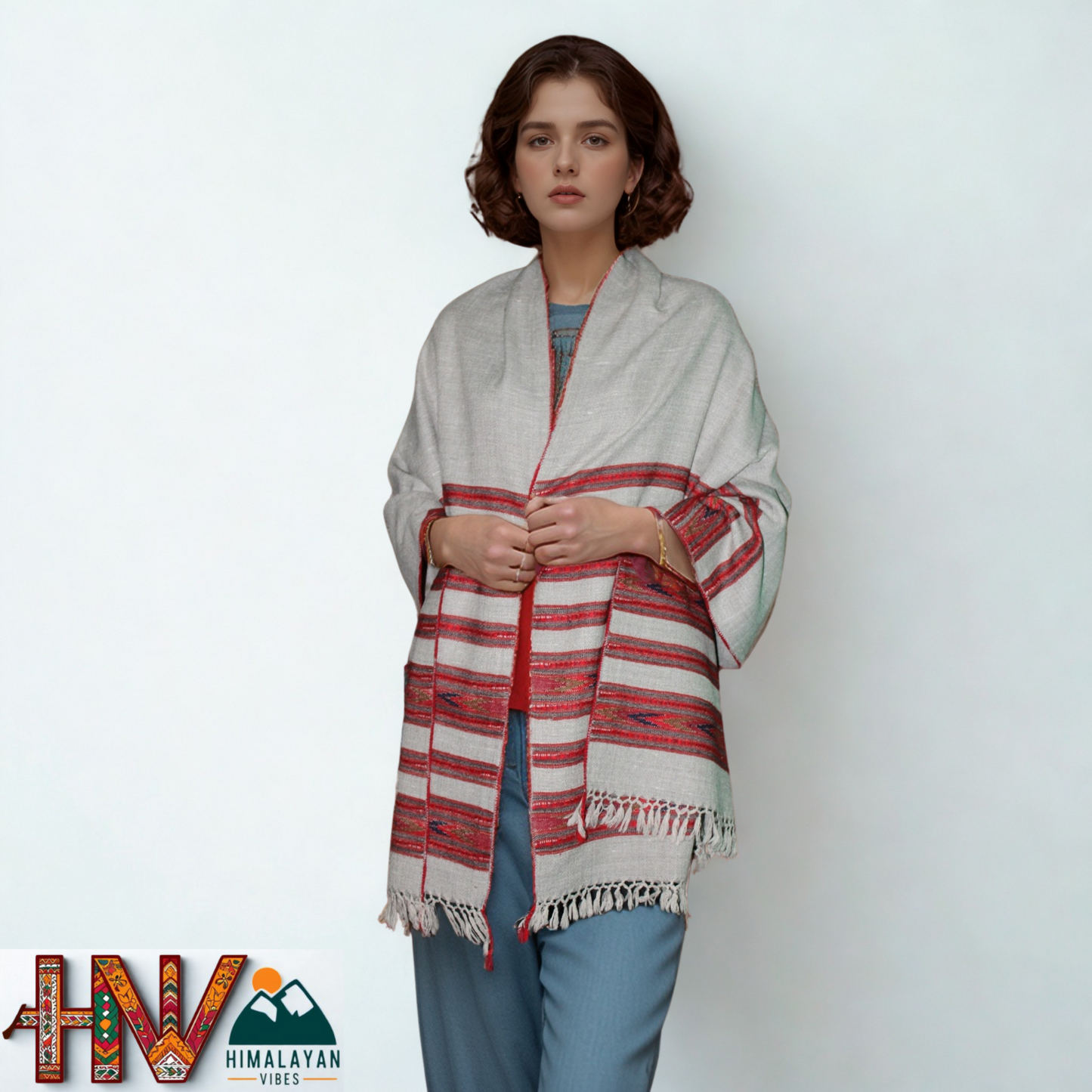 Handwoven Himalayan Grey Wool Stole – Red & Grey Striped with Geometric Motif Border