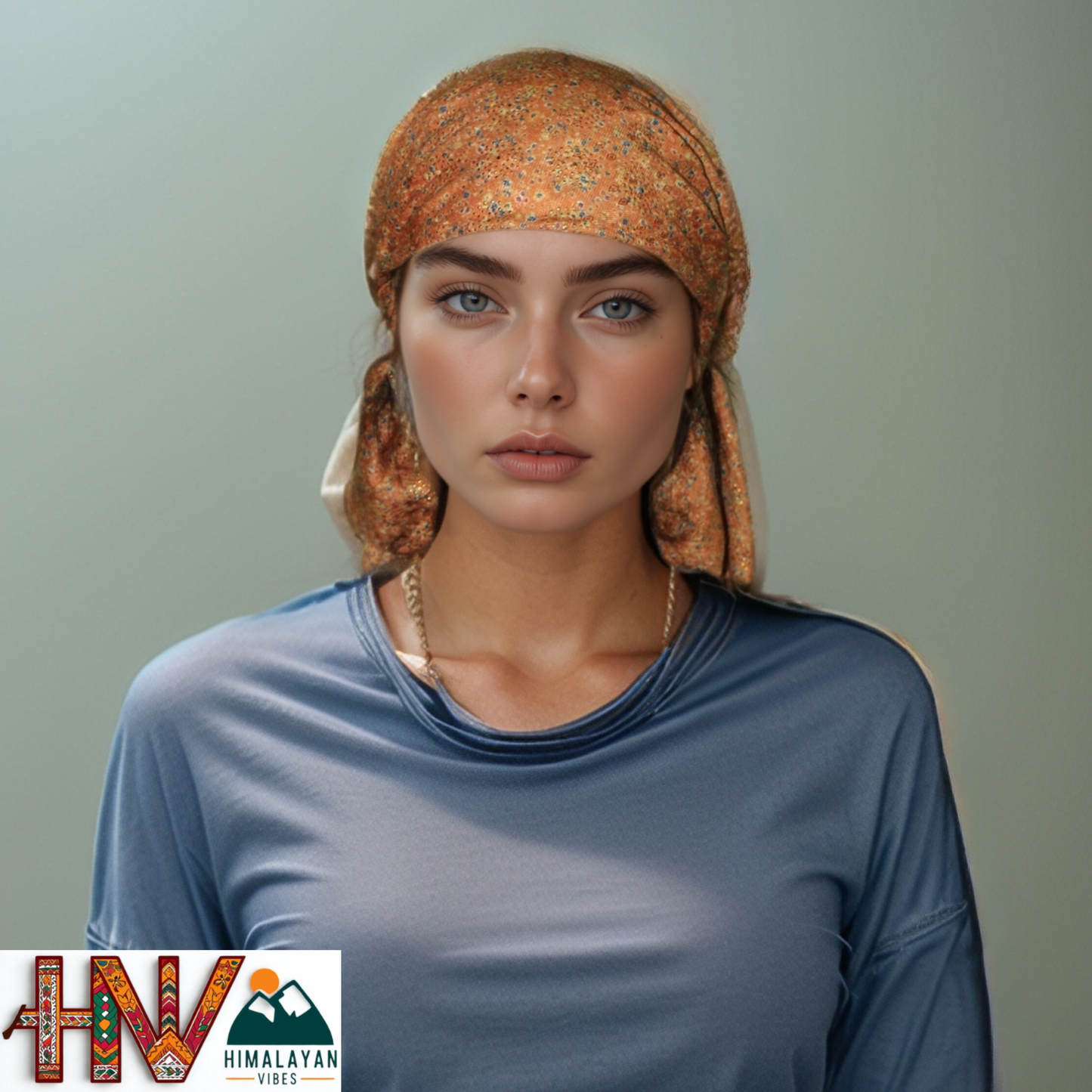 Alpine Caramel Color Printed Gold Himachali Dhatu - Handcrafted Traditional Head Scarf from Himalayas