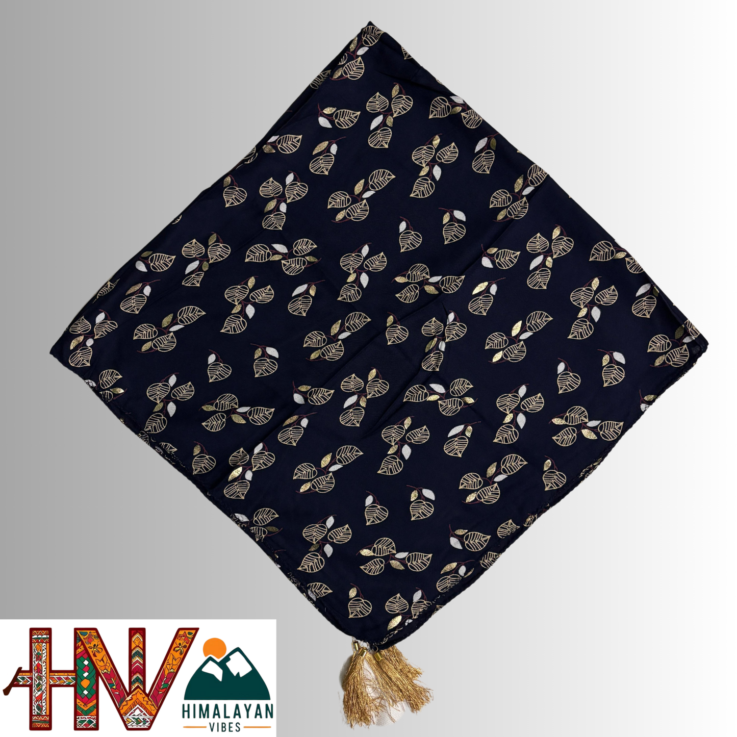 Himalayan Vibes Navy Blue Color Himachali Dhatu with Leaf Print - Handcrafted Traditional Head Scarf from Himalayas