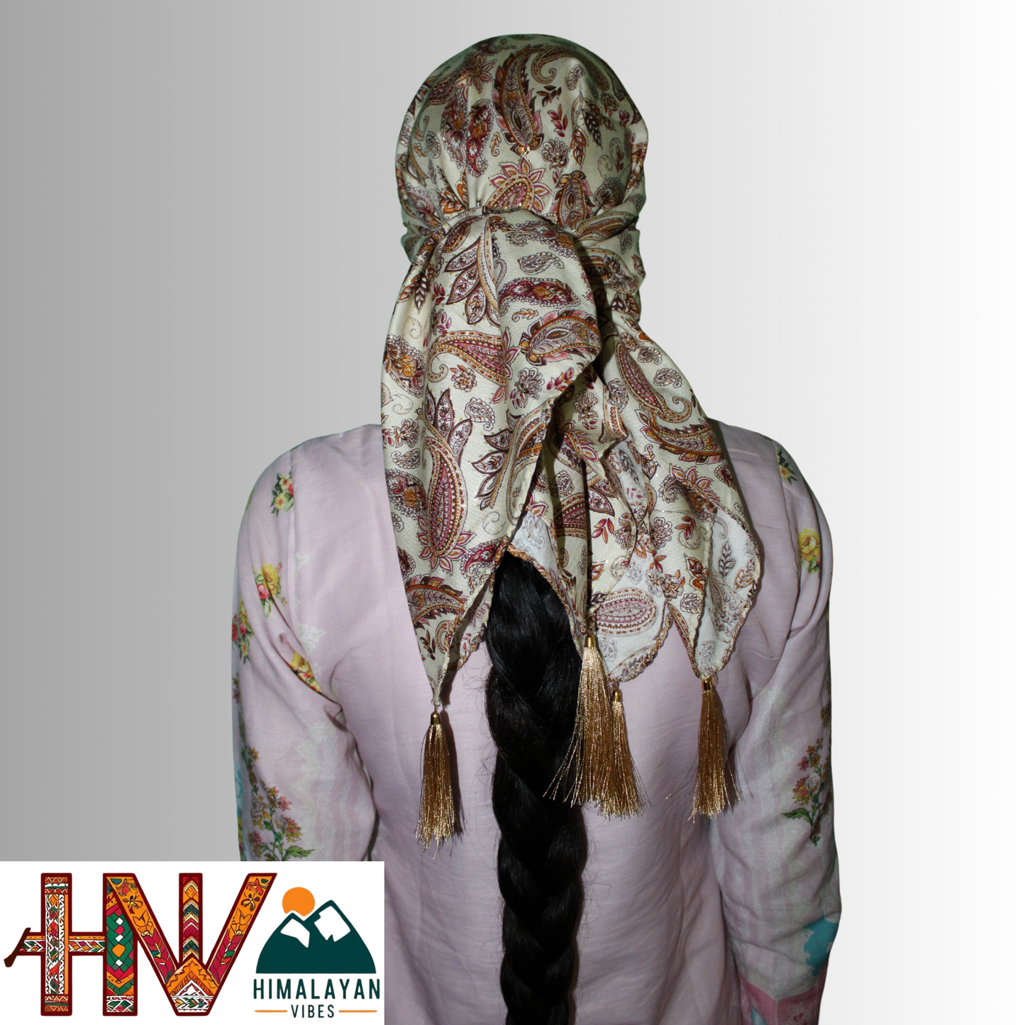 Himalayan Vibes Rayon Cream Color Himachali Dhatu with Multicolor Print - Handcrafted Traditional Head Scarf from Himalayas