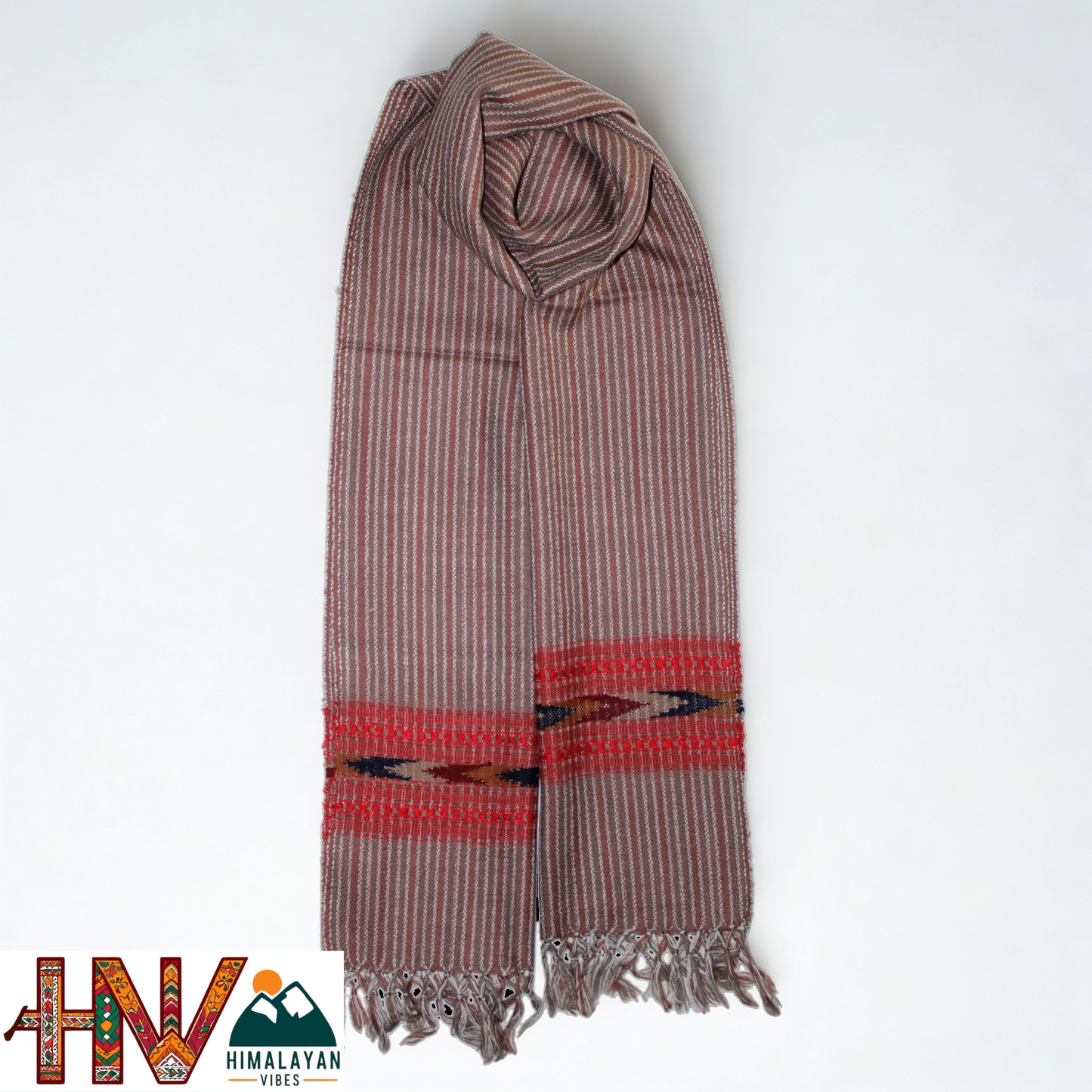 Traditional Kullu Handwoven Brown Stripes with Red Kullu Patti Muffler – Soft, Durable & Warm Wool Scarf
