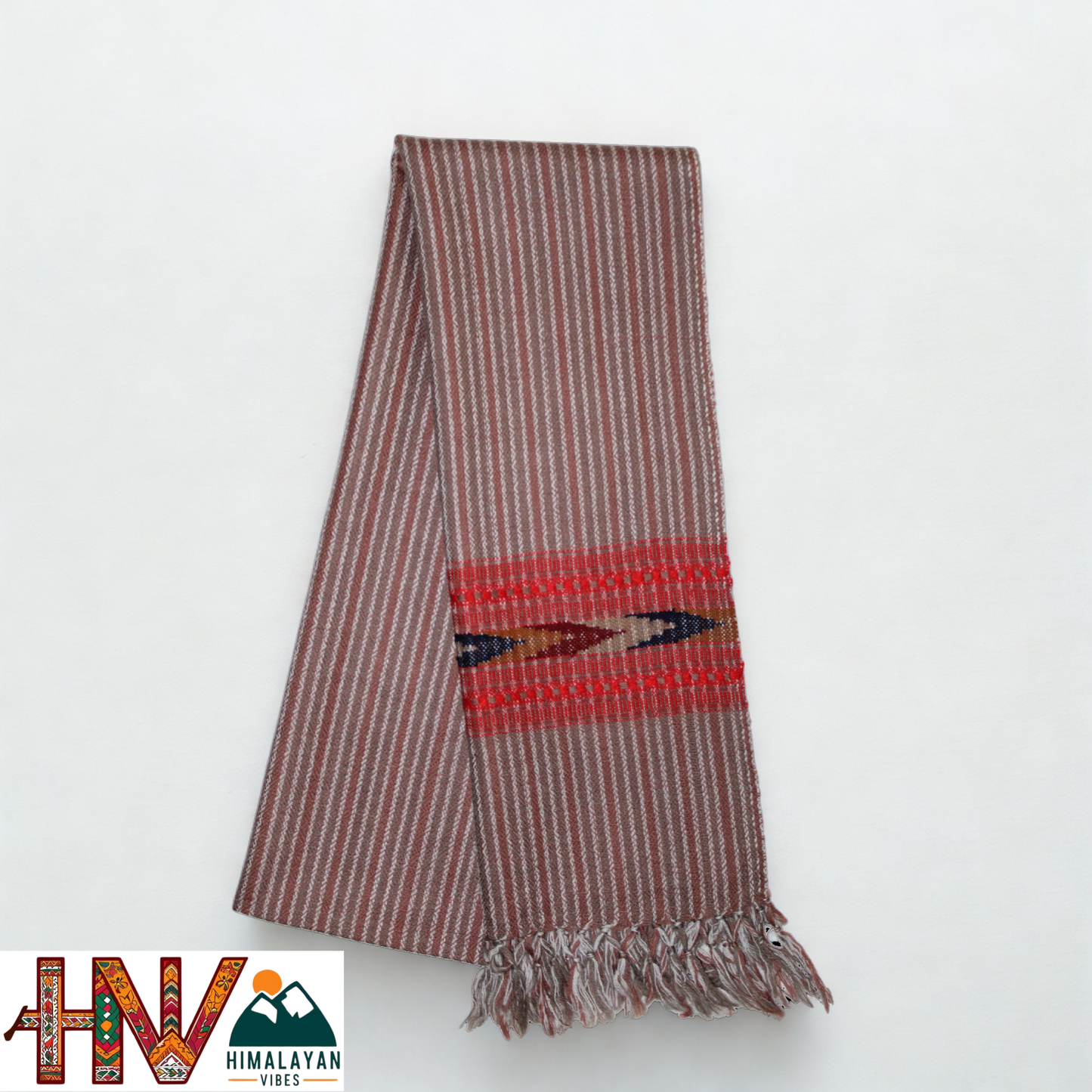 Traditional Kullu Handwoven Brown Stripes with Red Kullu Patti Muffler – Soft, Durable & Warm Wool Scarf