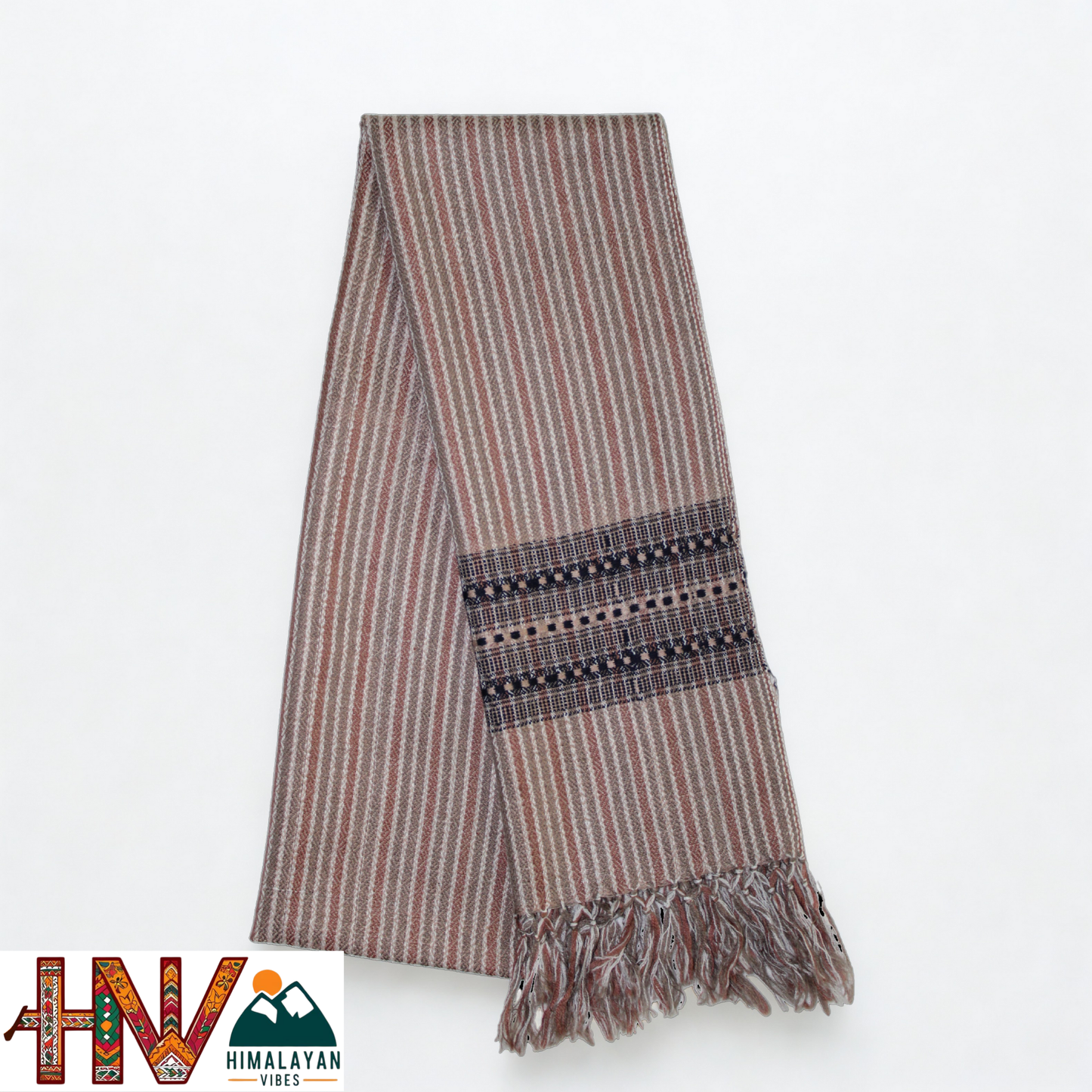 Traditional Kullu Handwoven Brown Stripes with Blue Patti Muffler – Soft, Durable & Warm Wool Scarf