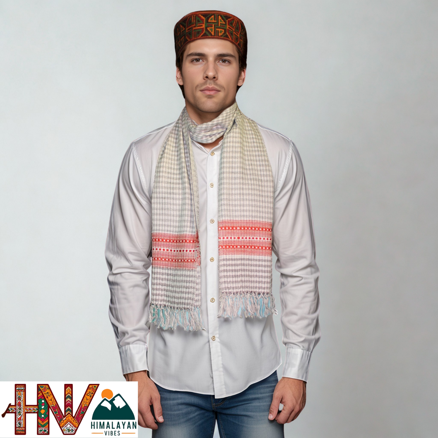 Traditional Kullu Handwoven Cream check with Red Patti Muffler – Soft, Durable & Warm Wool Scarf