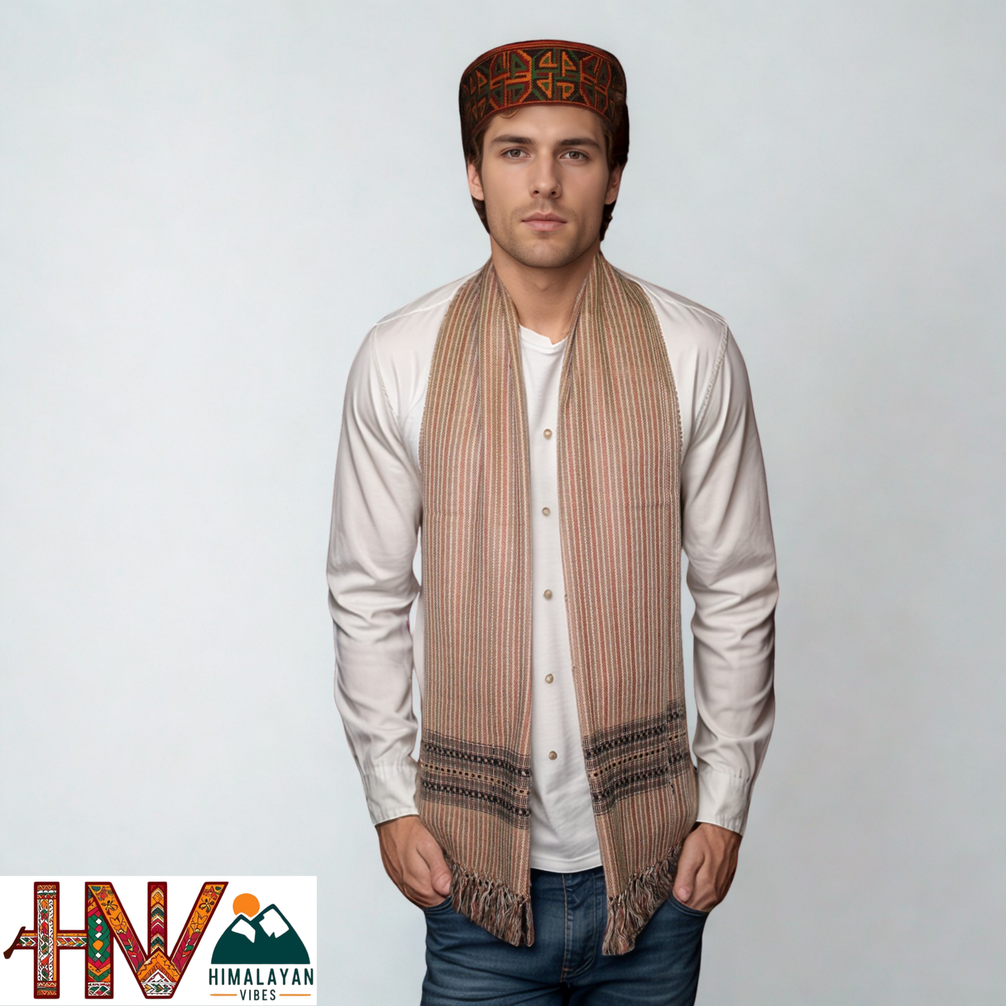 Traditional Kullu Handwoven Brown Stripes with Blue Patti Muffler – Soft, Durable & Warm Wool Scarf