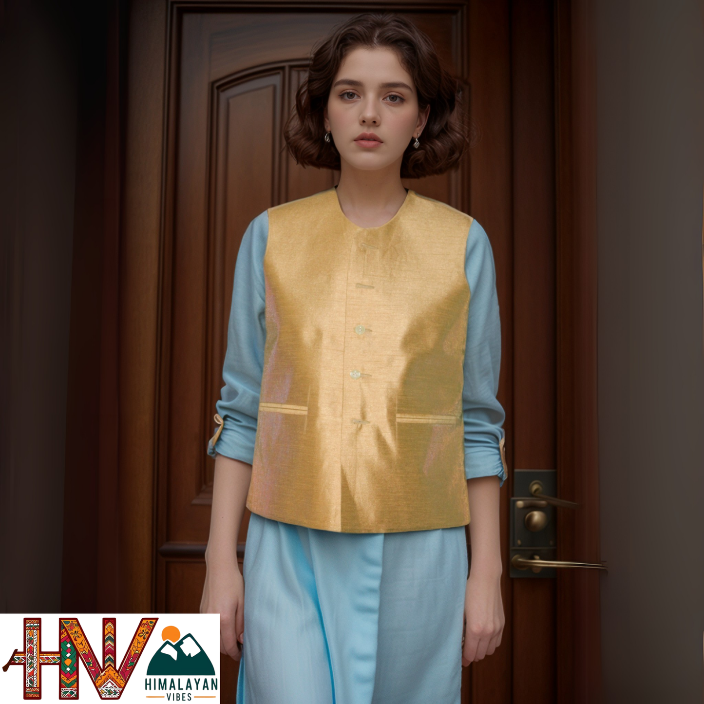 Handcrafted Golden Sadri for Women - Premium Raw Silk, U-Neck Design, Slim Fit Ethnic Wear