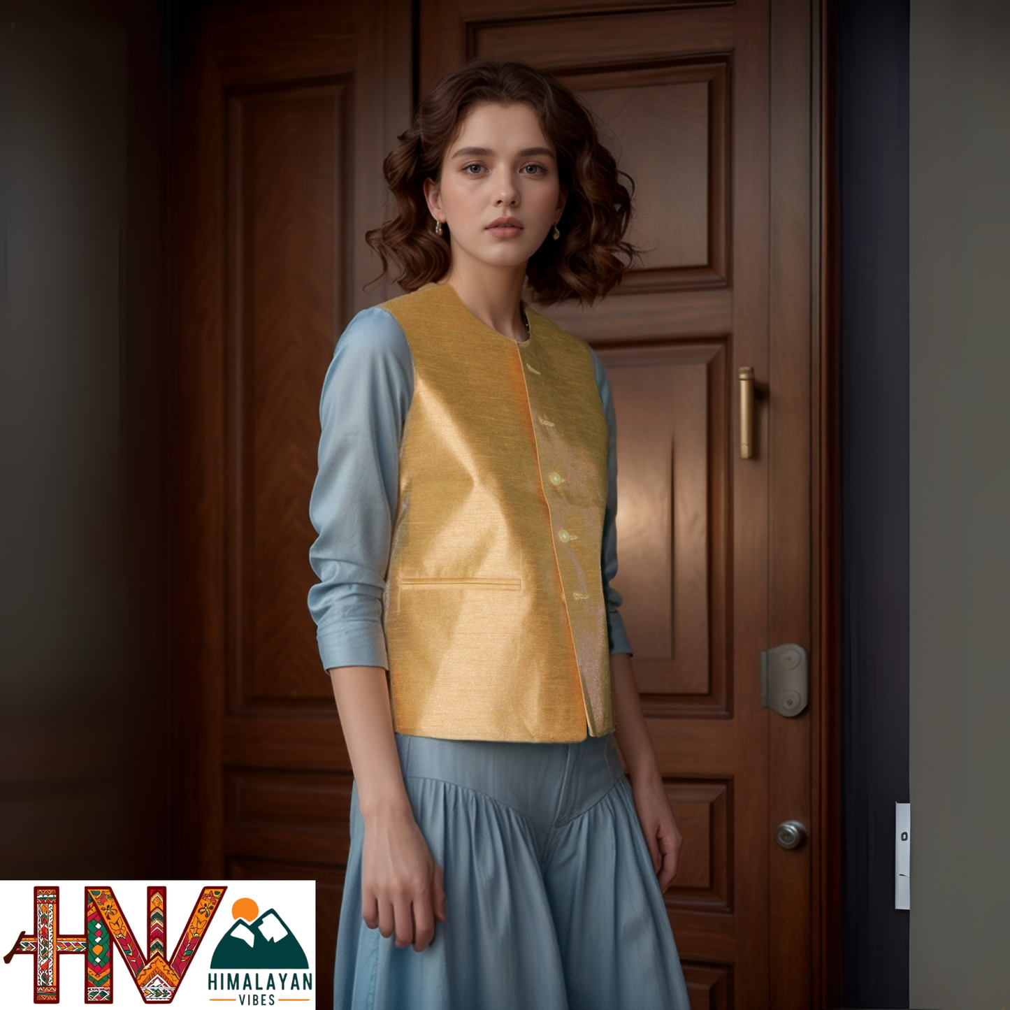 Handcrafted Golden Sadri for Women - Premium Raw Silk, U-Neck Design, Slim Fit Ethnic Wear