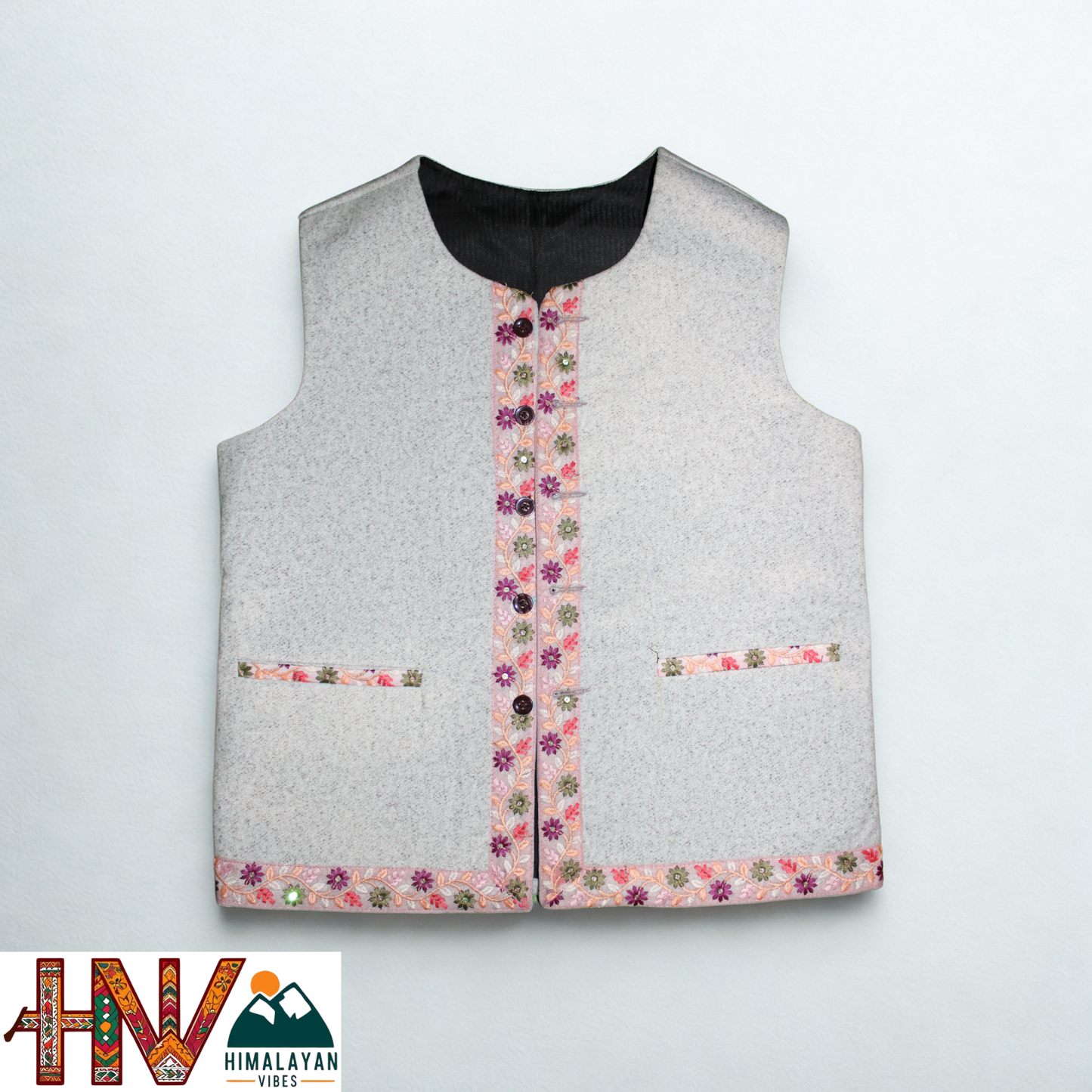 Himachali White Sadri with embroidered Lace for Women - Martin Fabric Ethnic Half Jacket with Pockets