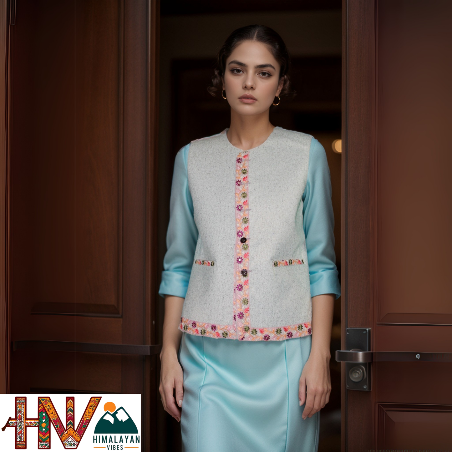 Himachali White Sadri with embroidered Lace for Women - Martin Fabric Ethnic Half Jacket with Pockets
