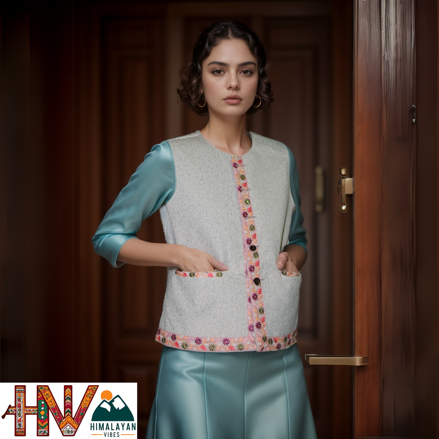 Himachali White Sadri with embroidered Lace for Women - Martin Fabric Ethnic Half Jacket with Pockets