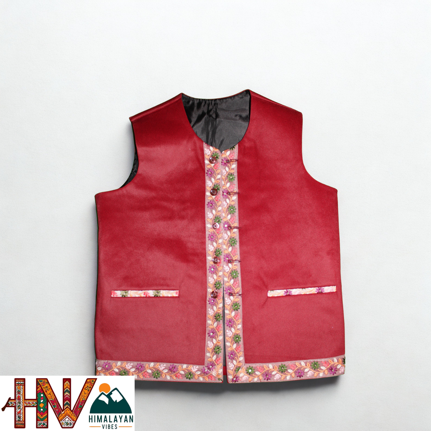Himachali Red Sadri with embroidered Lace for Women - Martin Fabric Ethnic Half Jacket with Pockets