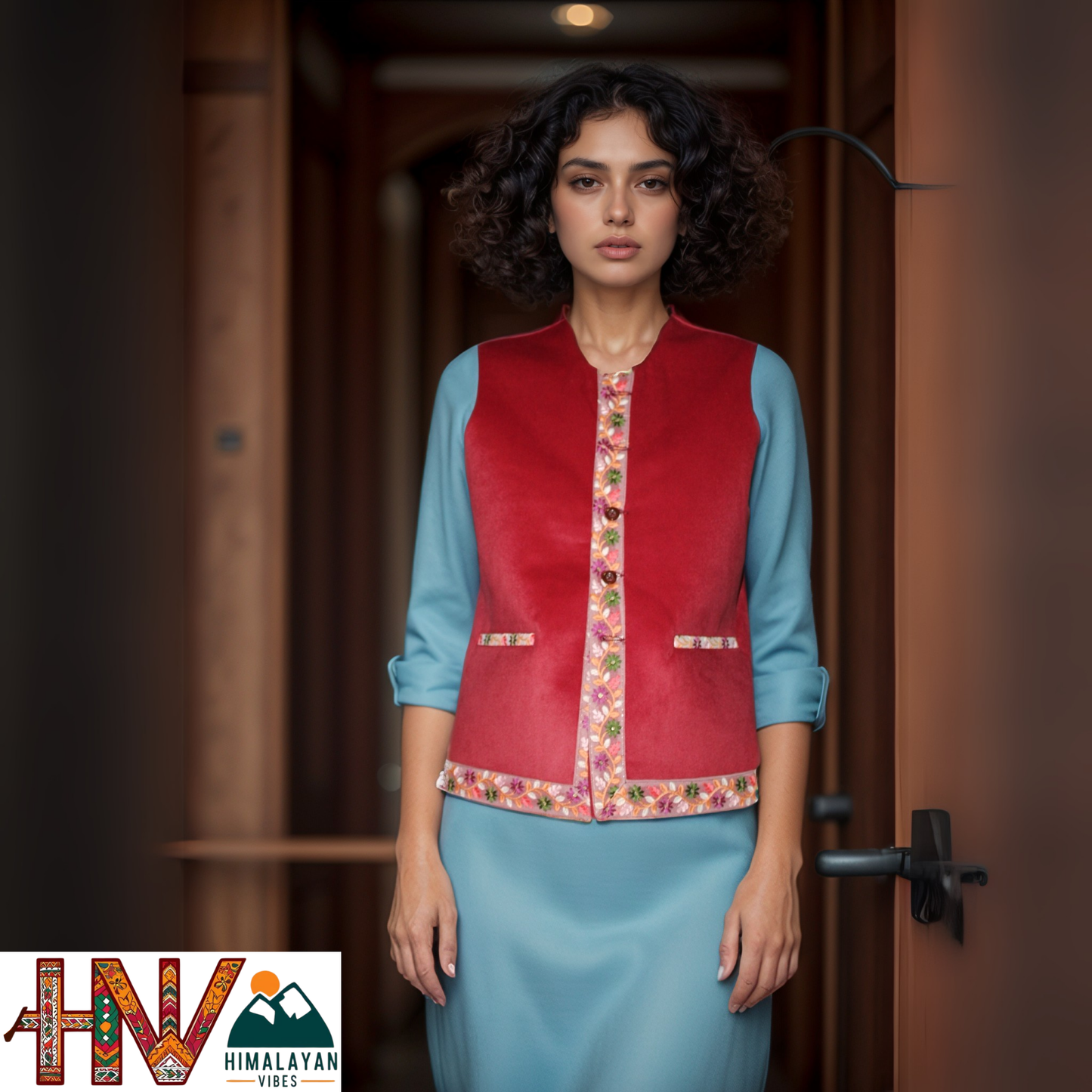 Himachali Red Sadri with embroidered Lace for Women - Martin Fabric Ethnic Half Jacket with Pockets