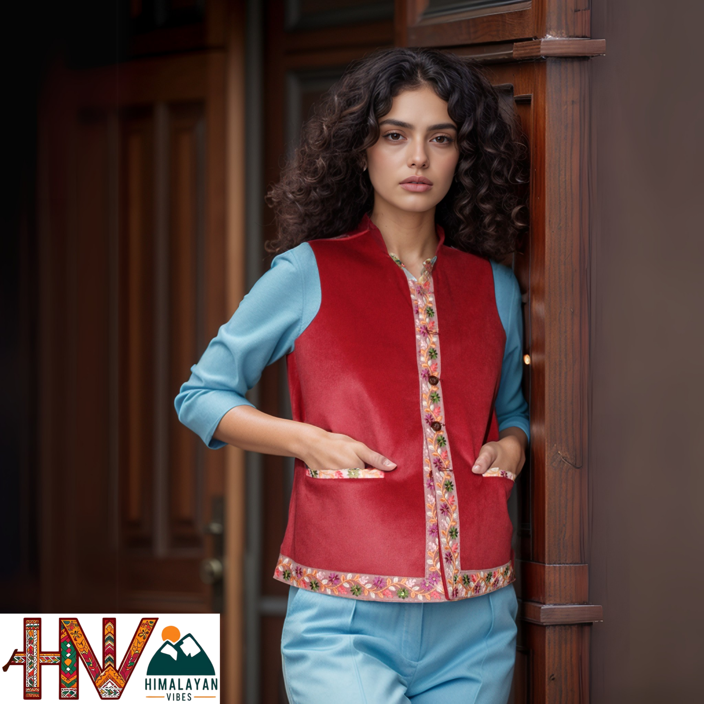 Himachali Red Sadri with embroidered Lace for Women - Martin Fabric Ethnic Half Jacket with Pockets